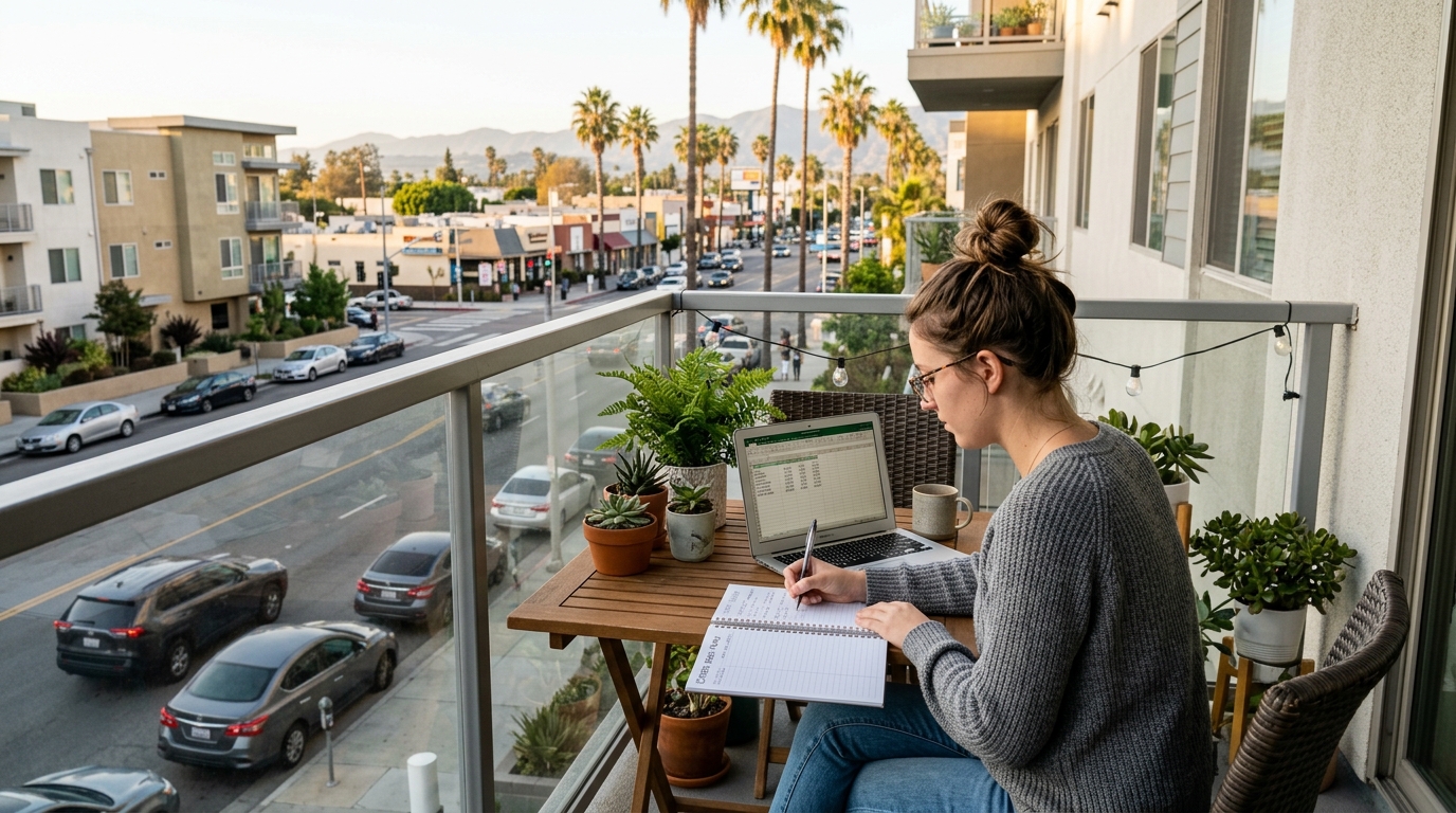 Modern apartment living in Van Nuys with a renter planning monthly housing costs.