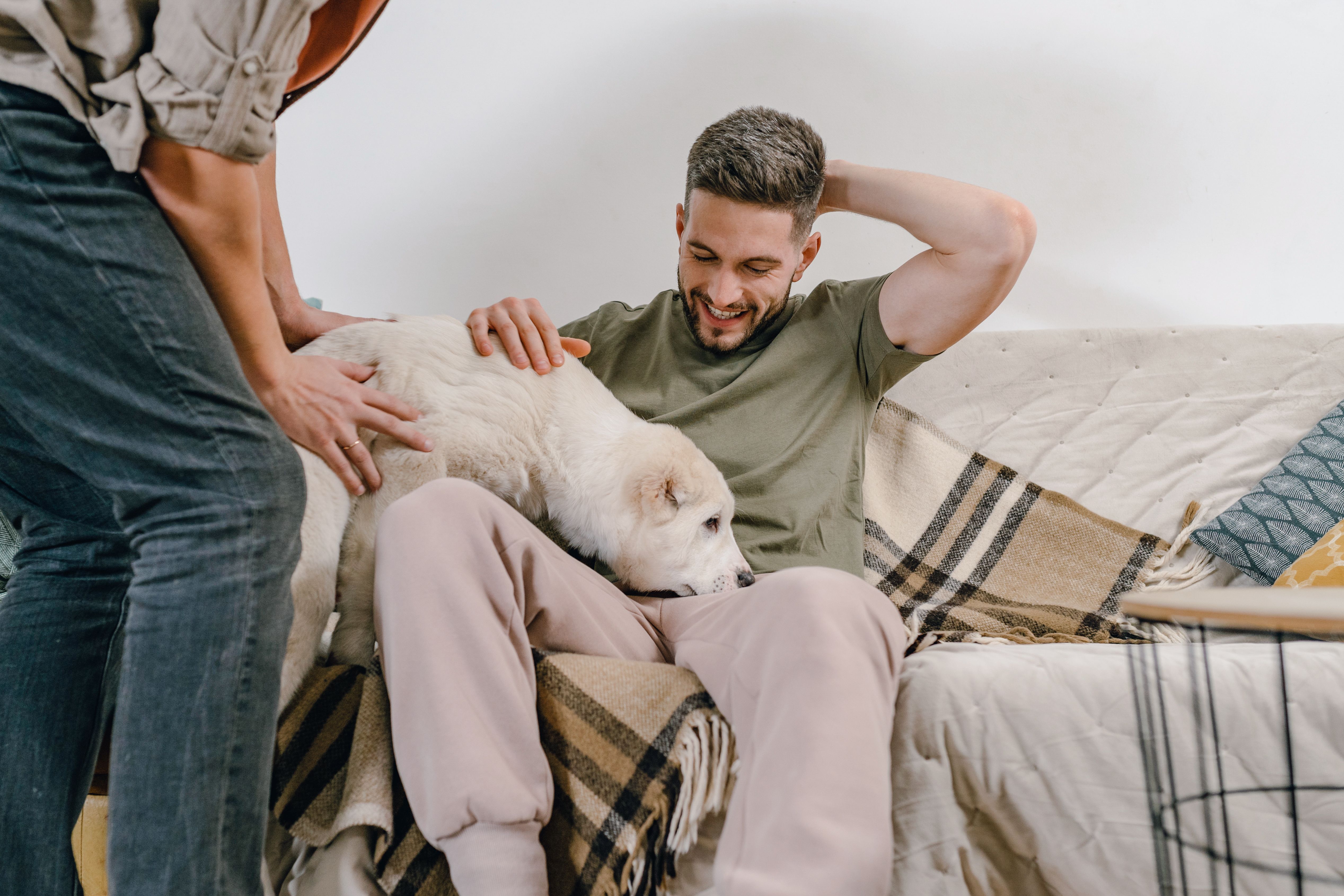 A smiling man sitting on a beige couch petting a white dog with another person standing nearby touching it.