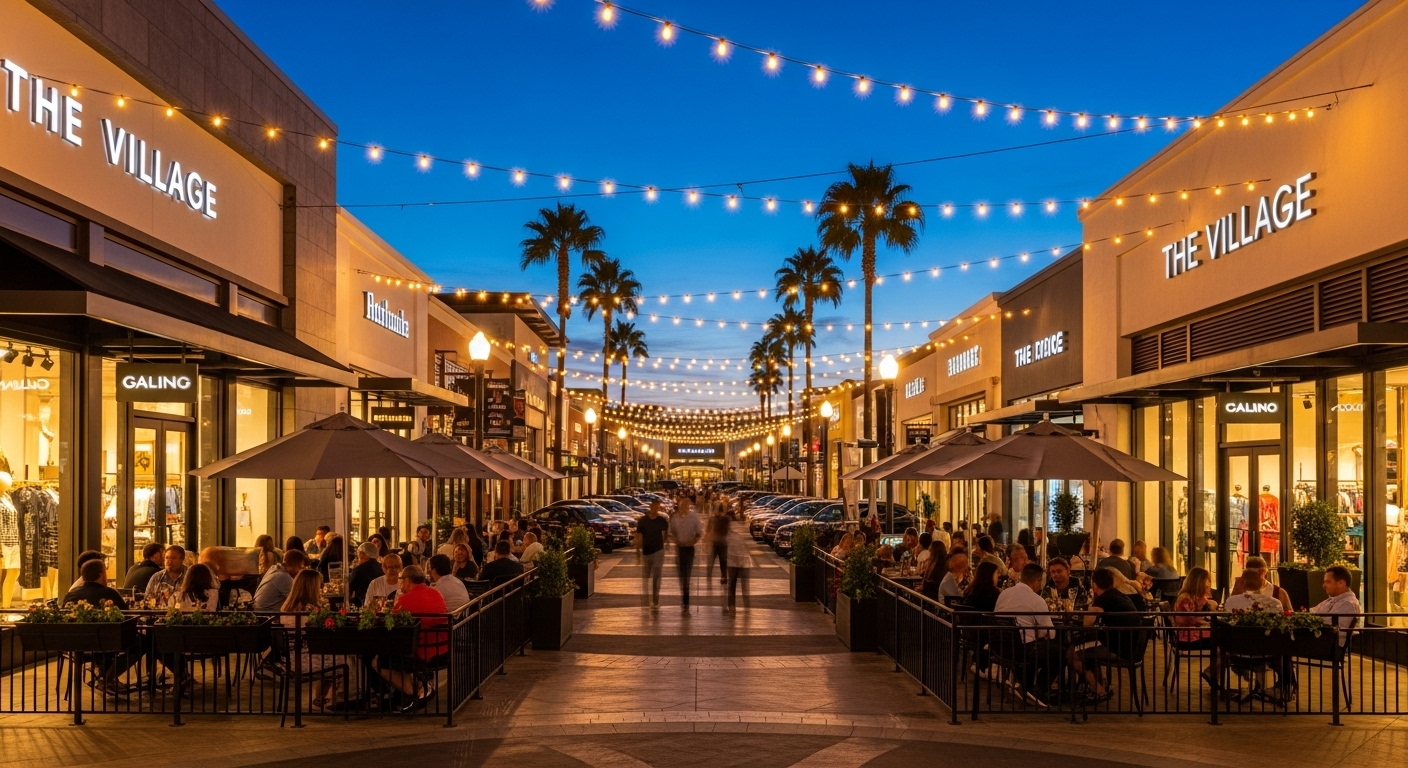The Village at Westfield Topanga near Warner Center featuring open-air shopping and patio dining.