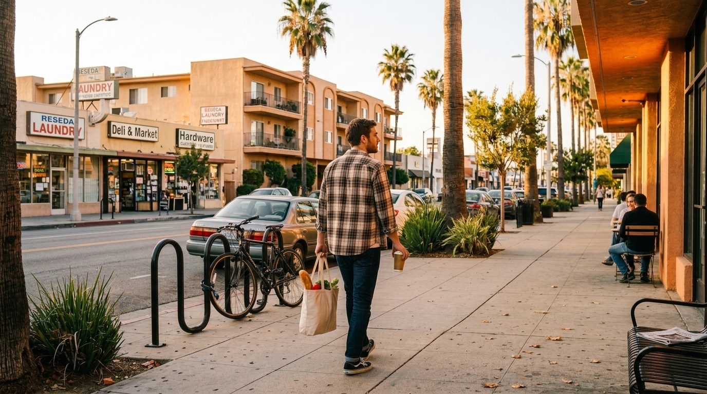 Renter walking near local shops and apartments in Reseda, CA.
