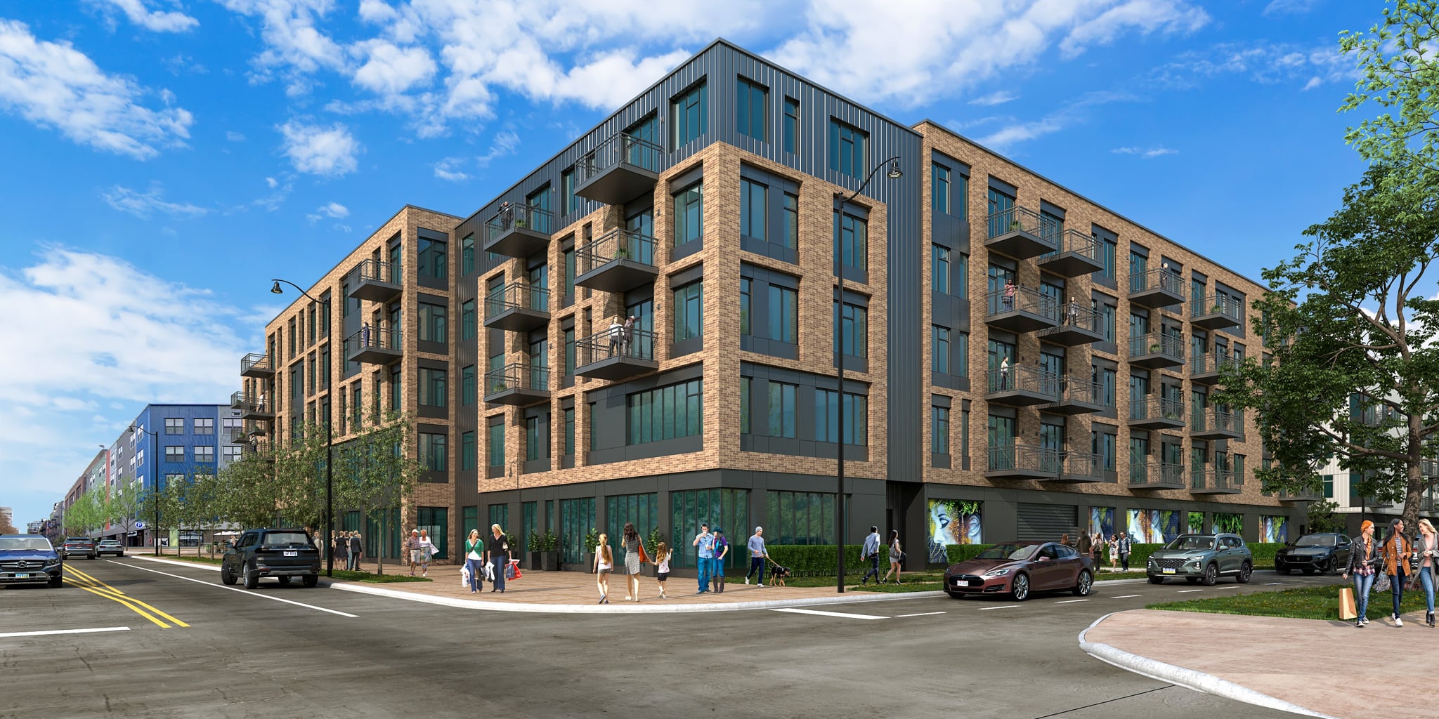 Exterior rendering of Westrich Apartments, a new luxury apartment community in Franklinton, Ohio, featuring modern architecture, private balconies, and walkable urban living near downtown Columbus.