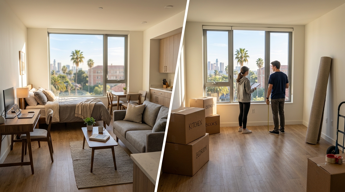 Furnished and unfurnished apartment comparison in Los Angeles with moving boxes and move-in-ready furniture.