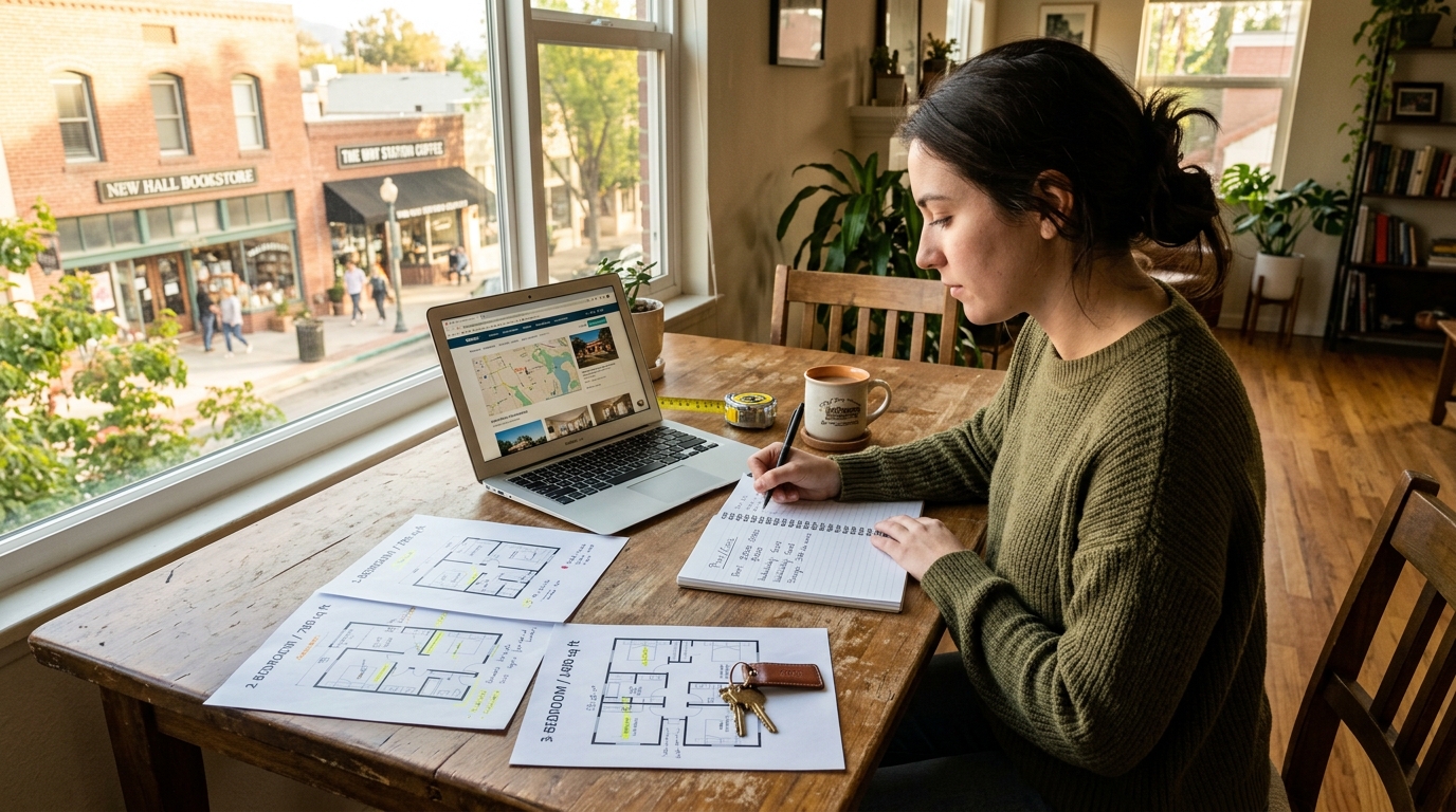 Renter comparing 1, 2, and 3-bedroom apartment floor plans in Newhall, CA.