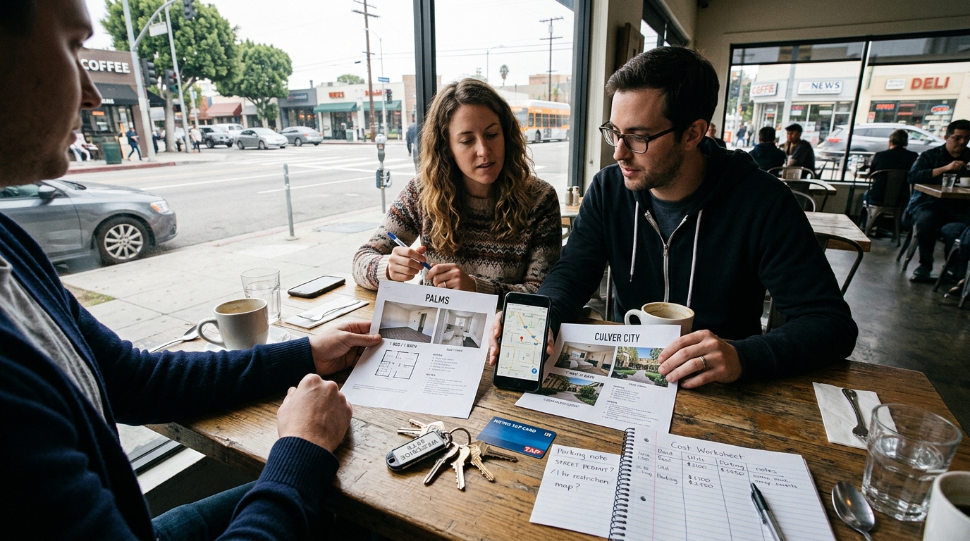 Renters comparing apartment locations, costs, and routes in Palms and Culver City