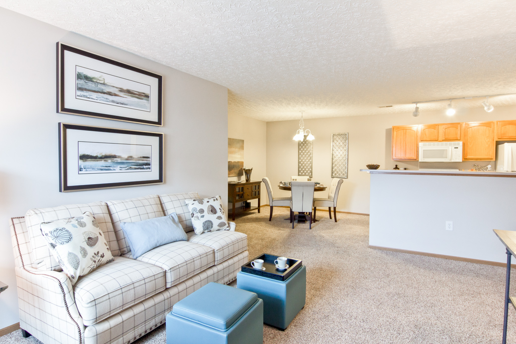 Open living and dining area in a single-level apartment at Albany Commons in Westerville, Ohio.