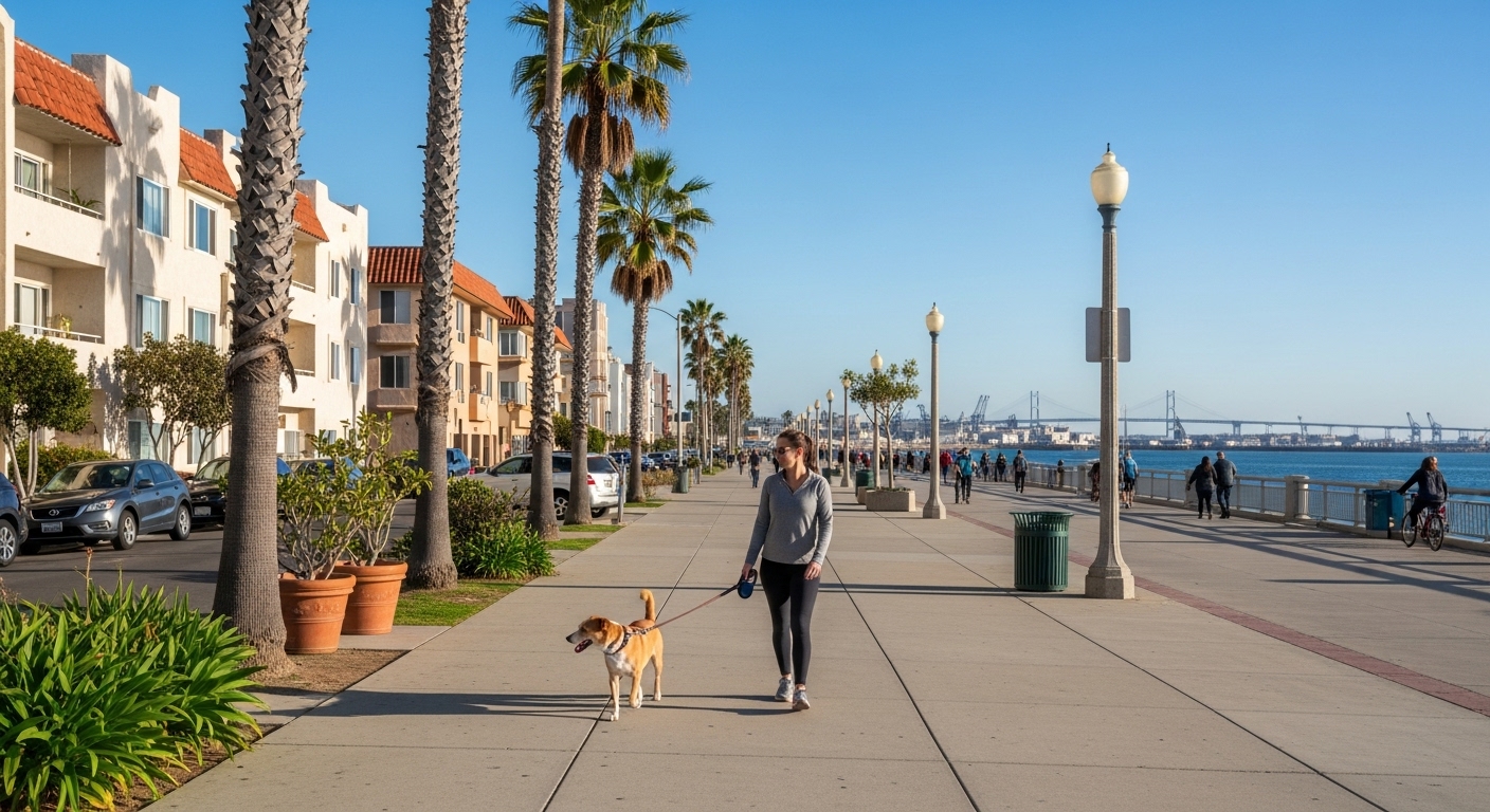 Dog owner walking a pet along a walkable coastal neighborhood in San Pedro
