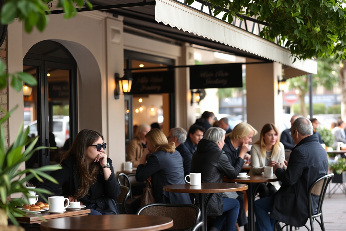 A bustling outdoor café with people enjoying coffee and pastries.