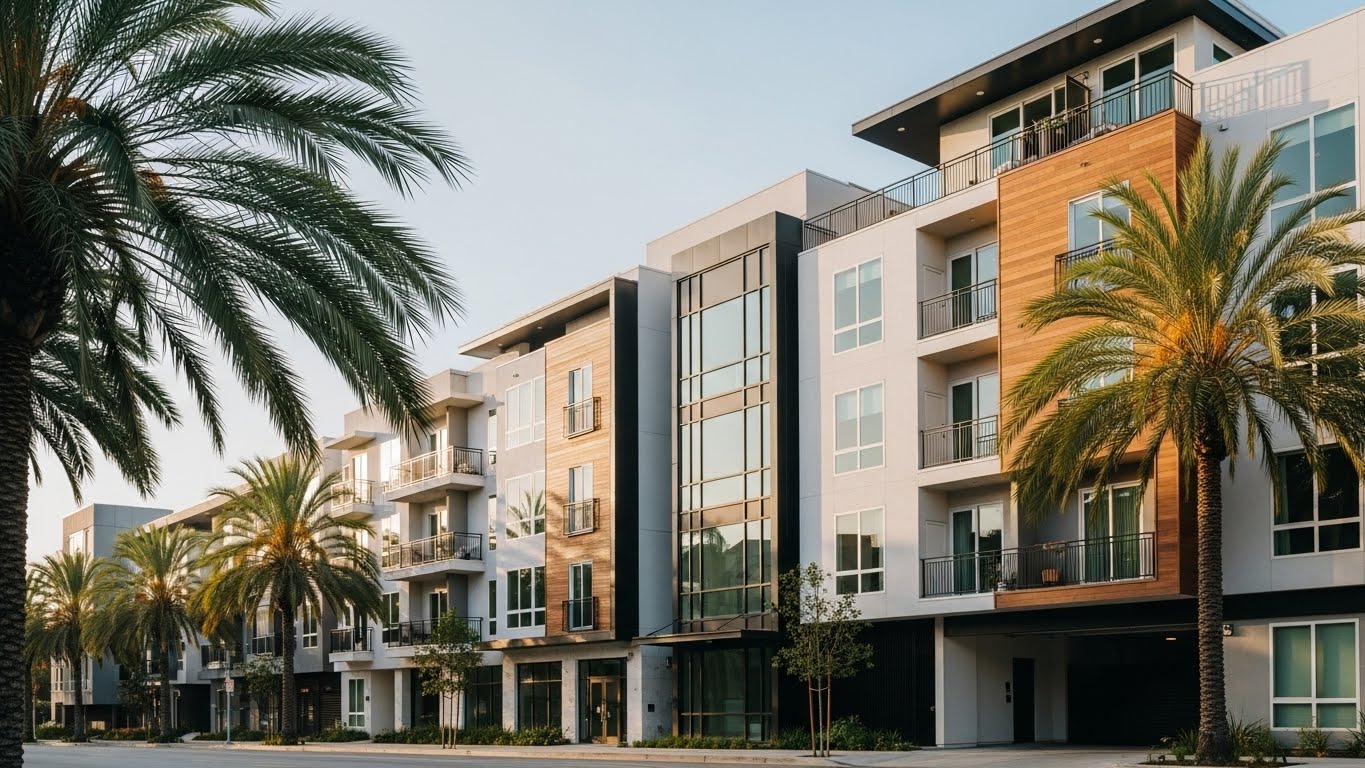 A modern Los Angeles apartment community during late winter with soft daylight and a calm atmosphere.