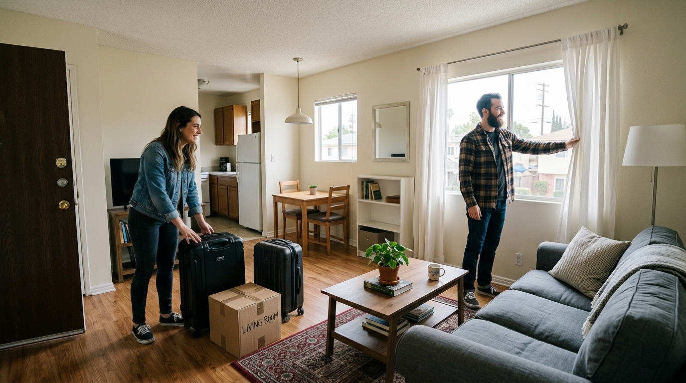 Couple arriving with suitcases at a furnished apartment in Reseda