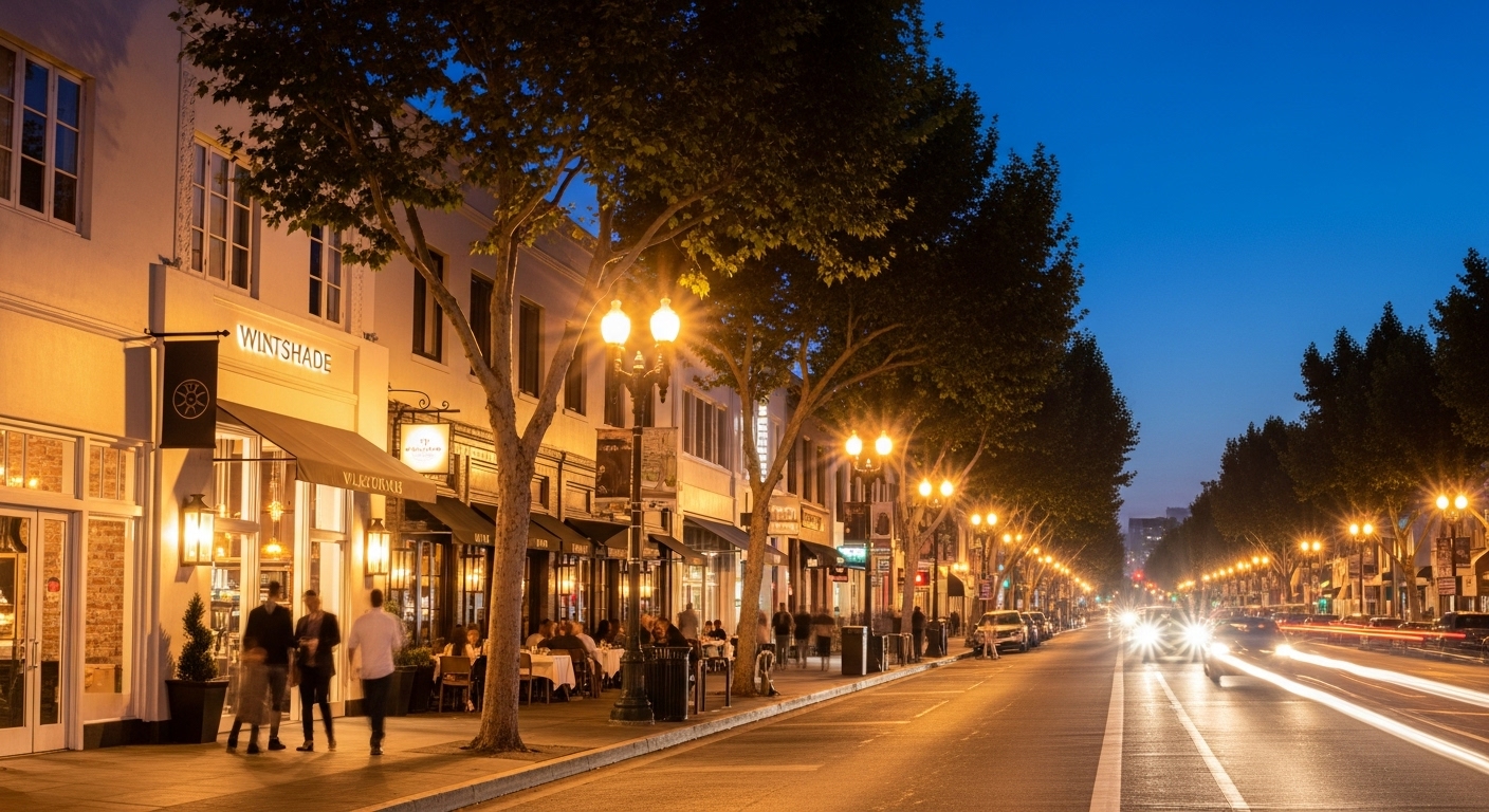 Evening dining scene on Wilshire Boulevard in Westwood with walkable restaurants and pedestrians.