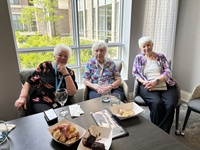 Three senior women sitting at a table in a retirement home