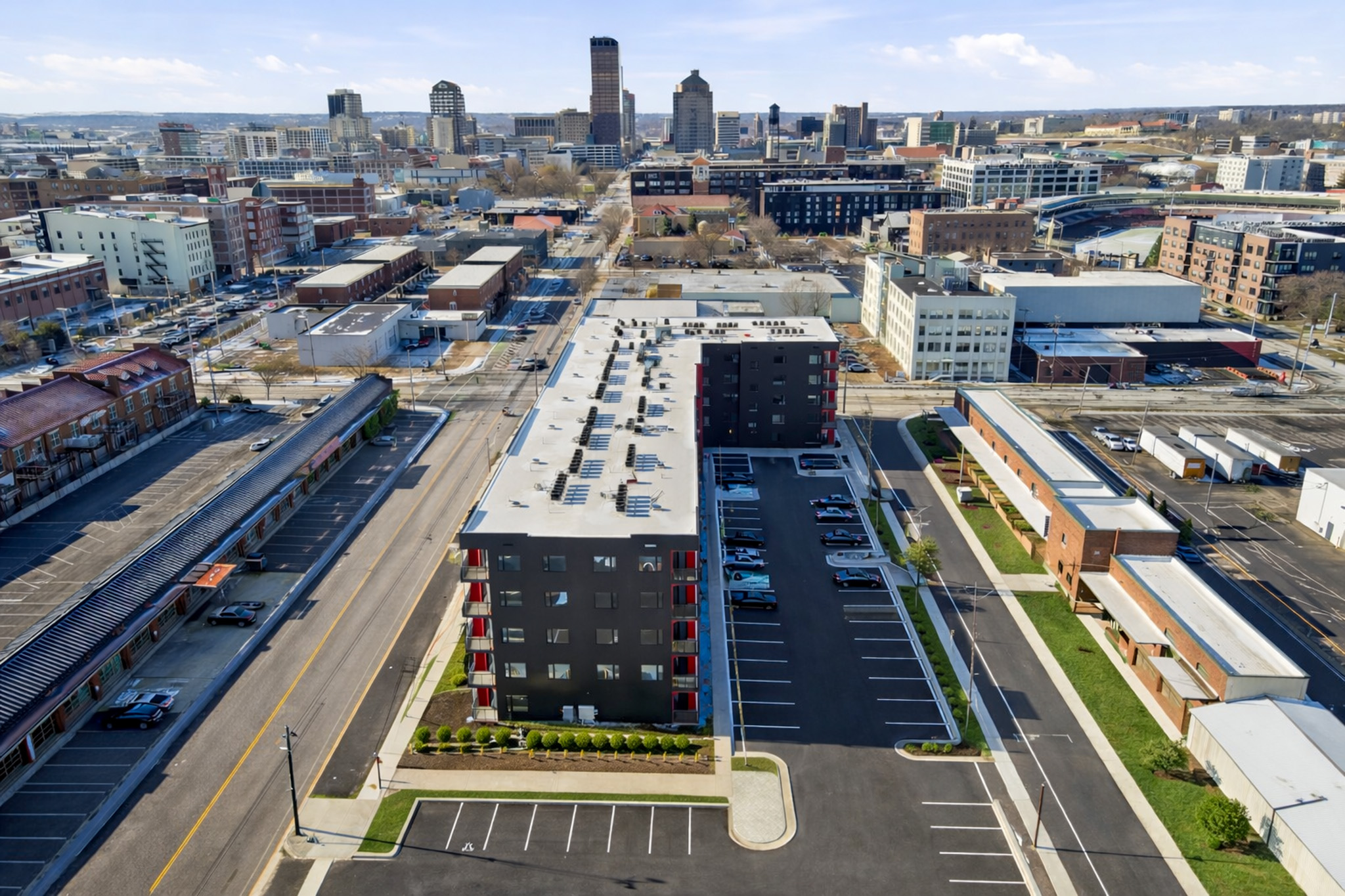 Aerial Shot of Webster Station Flats and Downtown Dayton Skyline