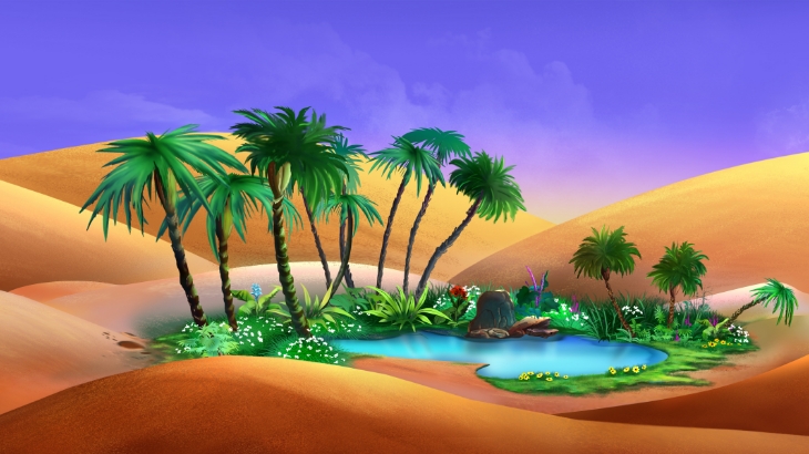 digital drawing of an oasis in a desert. the sky is purple, the image is very colorful and saturated 