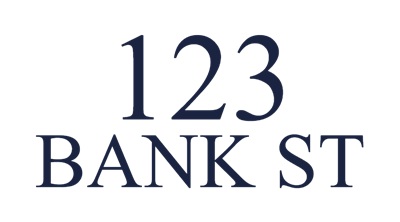 The image displays the text "123 BANK ST" in large, bold letters.