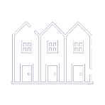A white icon of a house with three doors and windows.