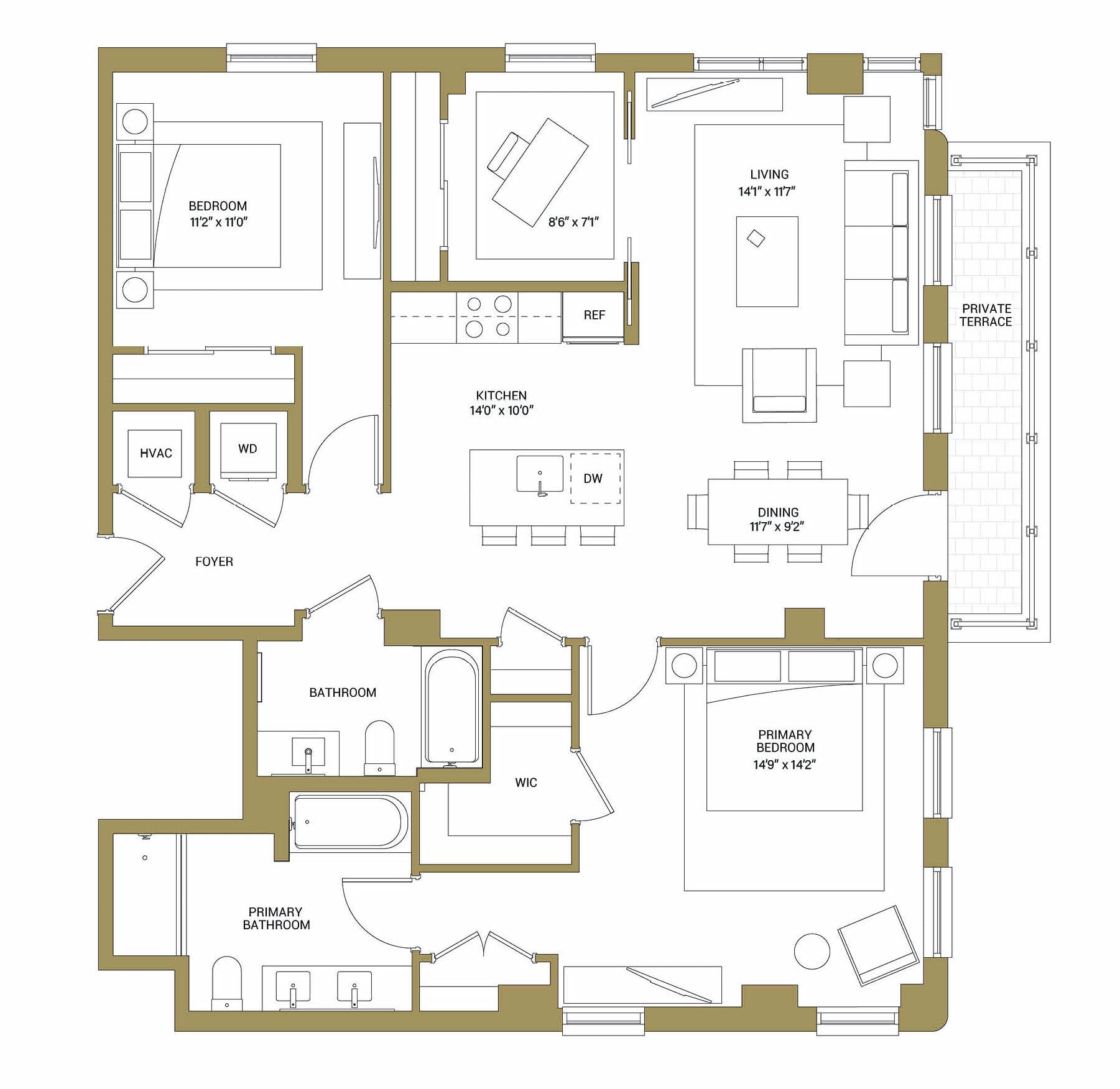 A floor plan of a house with a bedroom, bathroom, kitchen, and living room.,A modern living room with a flat screen TV and sliding glass doors.,A modern kitchen with a dining table and chairs.,A modern kitchen with a white countertop and a sink with a faucet.,A bedroom with a large bed and a balcony overlooking the city.,A balcony with a metal railing and a view of the city.,A white door is open to reveal a white washing machine.