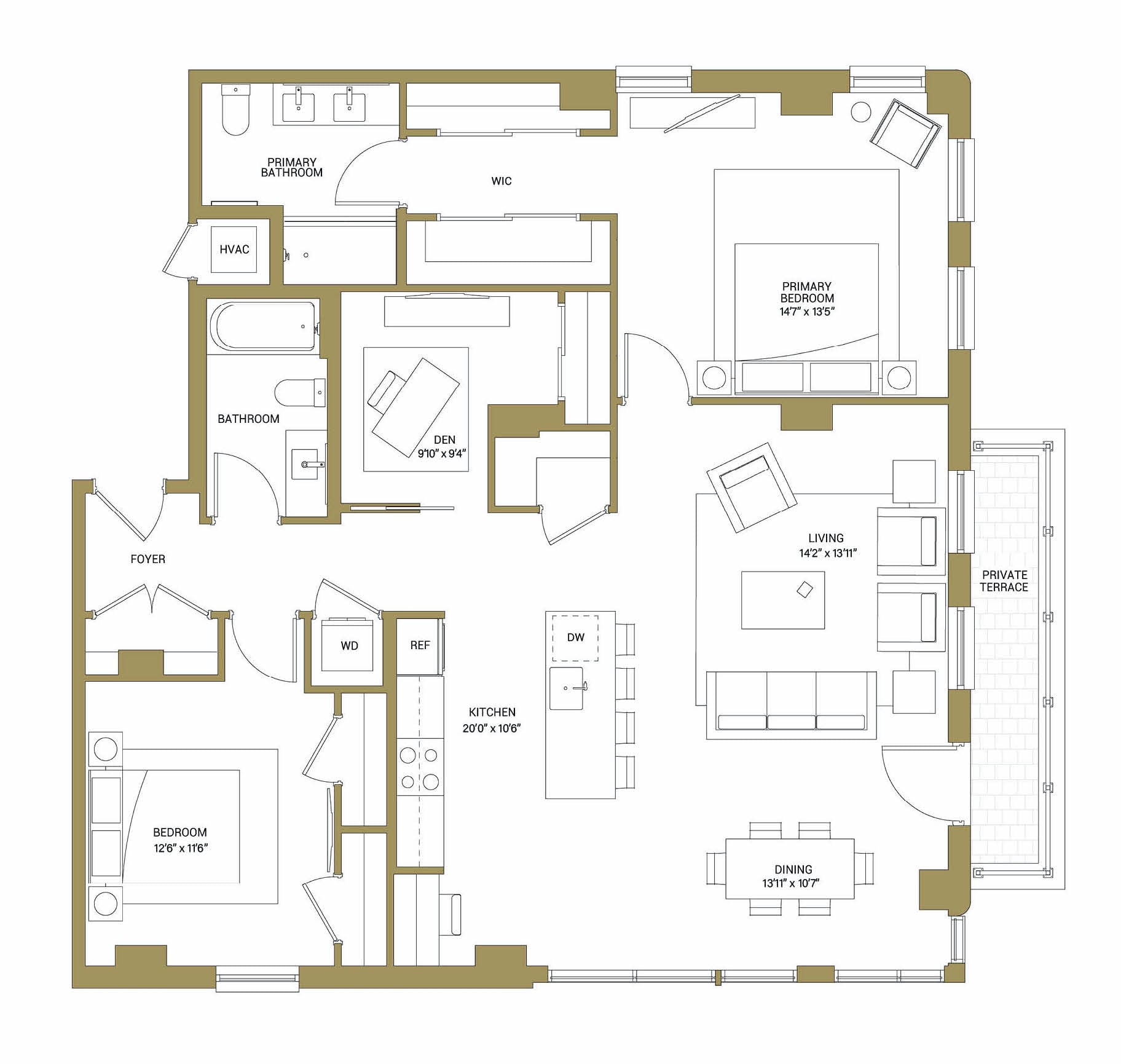 A floor plan of a house with a living room, dining room, kitchen, and two bathrooms.,A modern kitchen with a breakfast bar and a view of the city.,A modern kitchen with a white countertop and a microwave above it.,A modern living room with a large window overlooking the city.,A balcony with a metal railing overlooks a cityscape.,A bedroom with a large bed and a television.,A bedroom with a bed, a couch, and a painting on the wall.,A bathroom with a walk-in shower and double sinks.