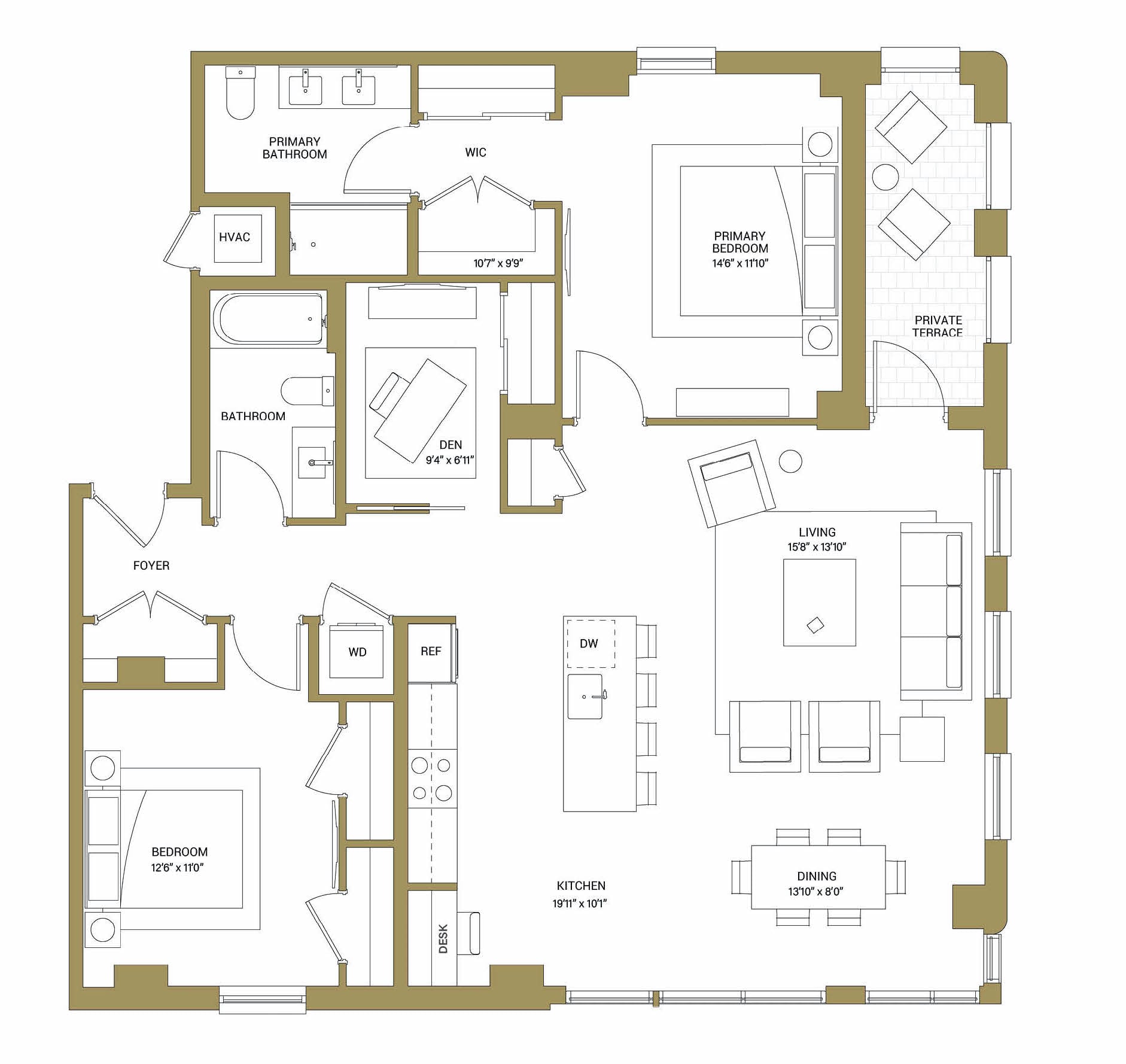 A floor plan of a house with a primary bathroom, a foyer, a bedroom, a kitchen, a dining area, and a private terrace.,A modern kitchen and dining area with a view of the city.,A modern living room with a view of the city.,A modern living room with a dining area and kitchen in the background.,A modern kitchen with a large island and a view of the city.,A modern kitchen with a white countertop and a microwave above it.,A bathroom with a walk-in shower and double sinks.,A balcony with a view of the cityscape.