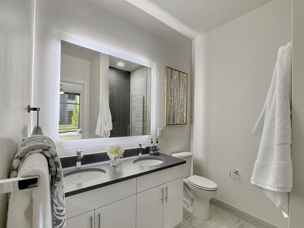 Spacious bathroom with double vanity at Vermella Union, Union NJ