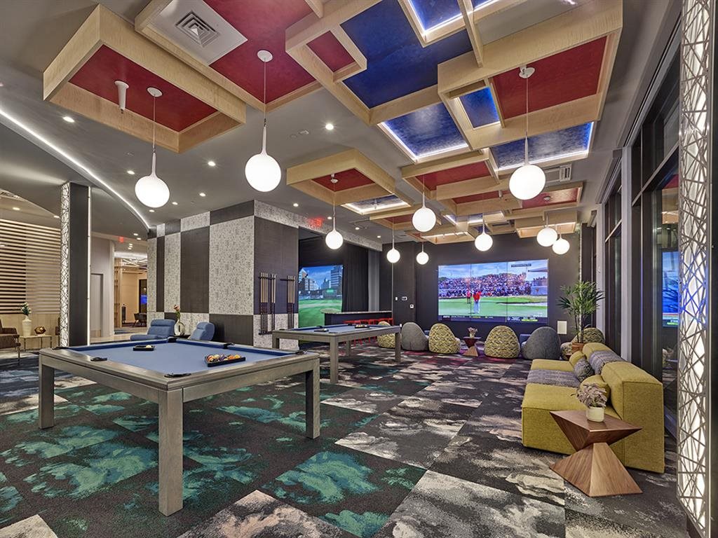 Union Club with TVs and gaming area at Vermella Union, Union NJ
