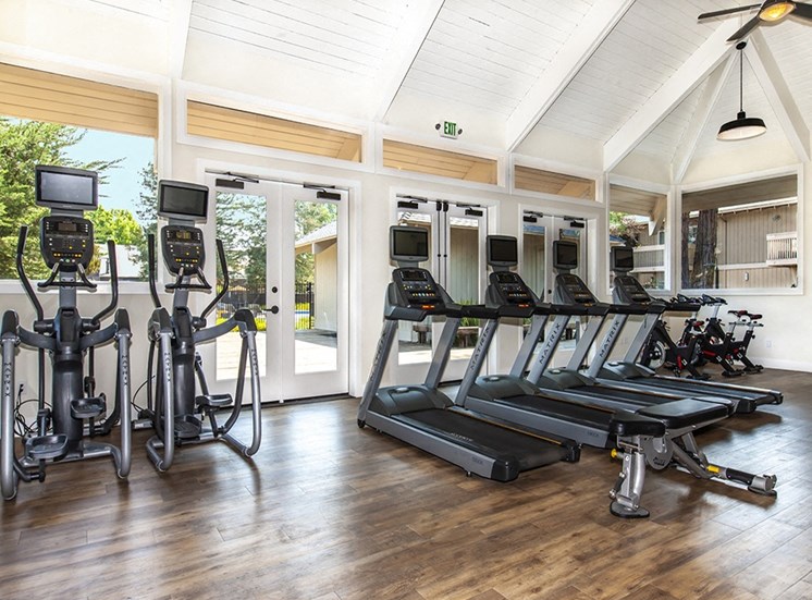 Gym with treadmills/ellipticals with screens in front of windows, Weight bench on wood floors