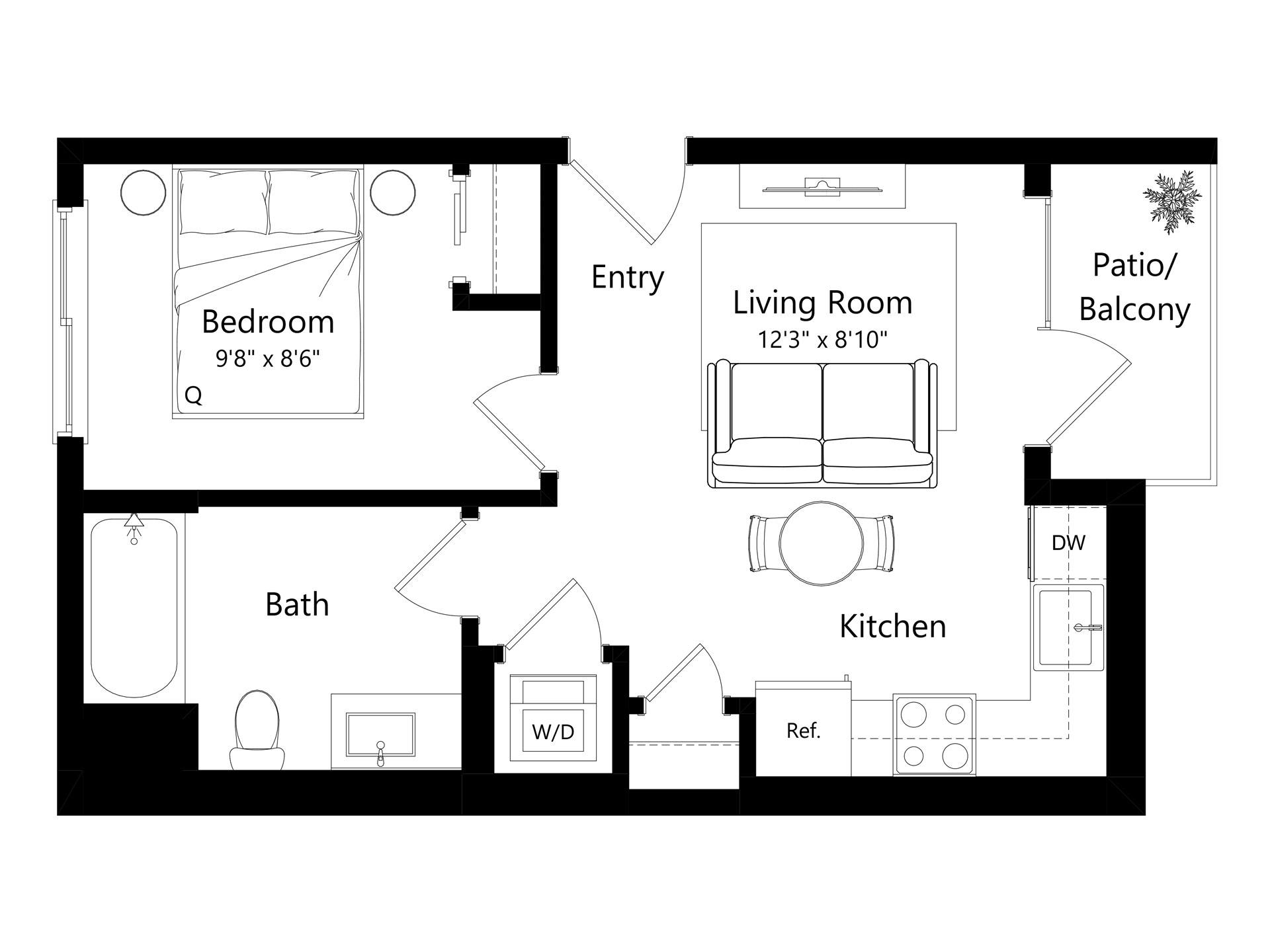 Floor plan layout diagram for L1E.2 - 1 Bed 1 Bath
