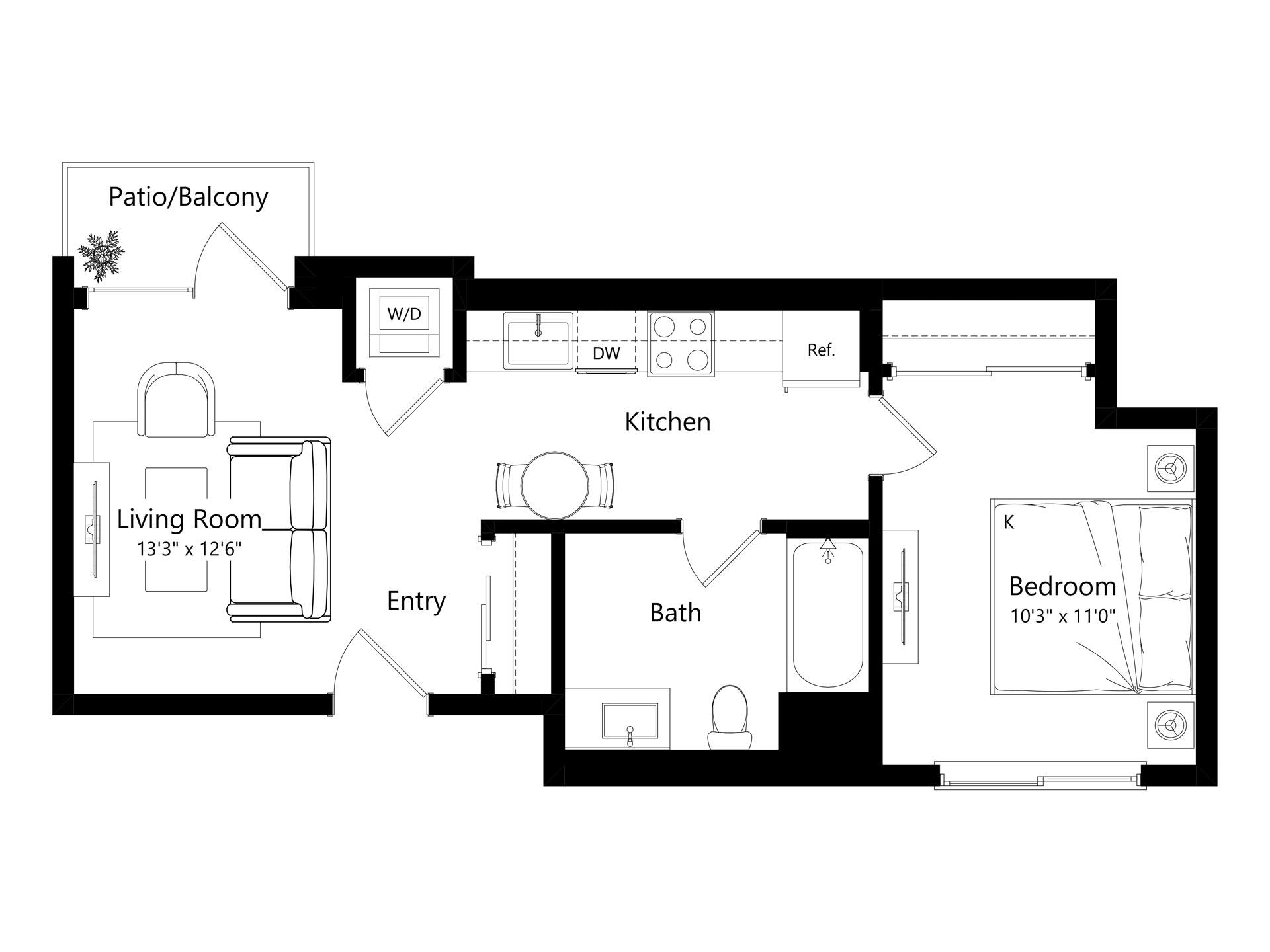 Floor plan layout diagram for L1H.1 - 1 Bed 1 Bath