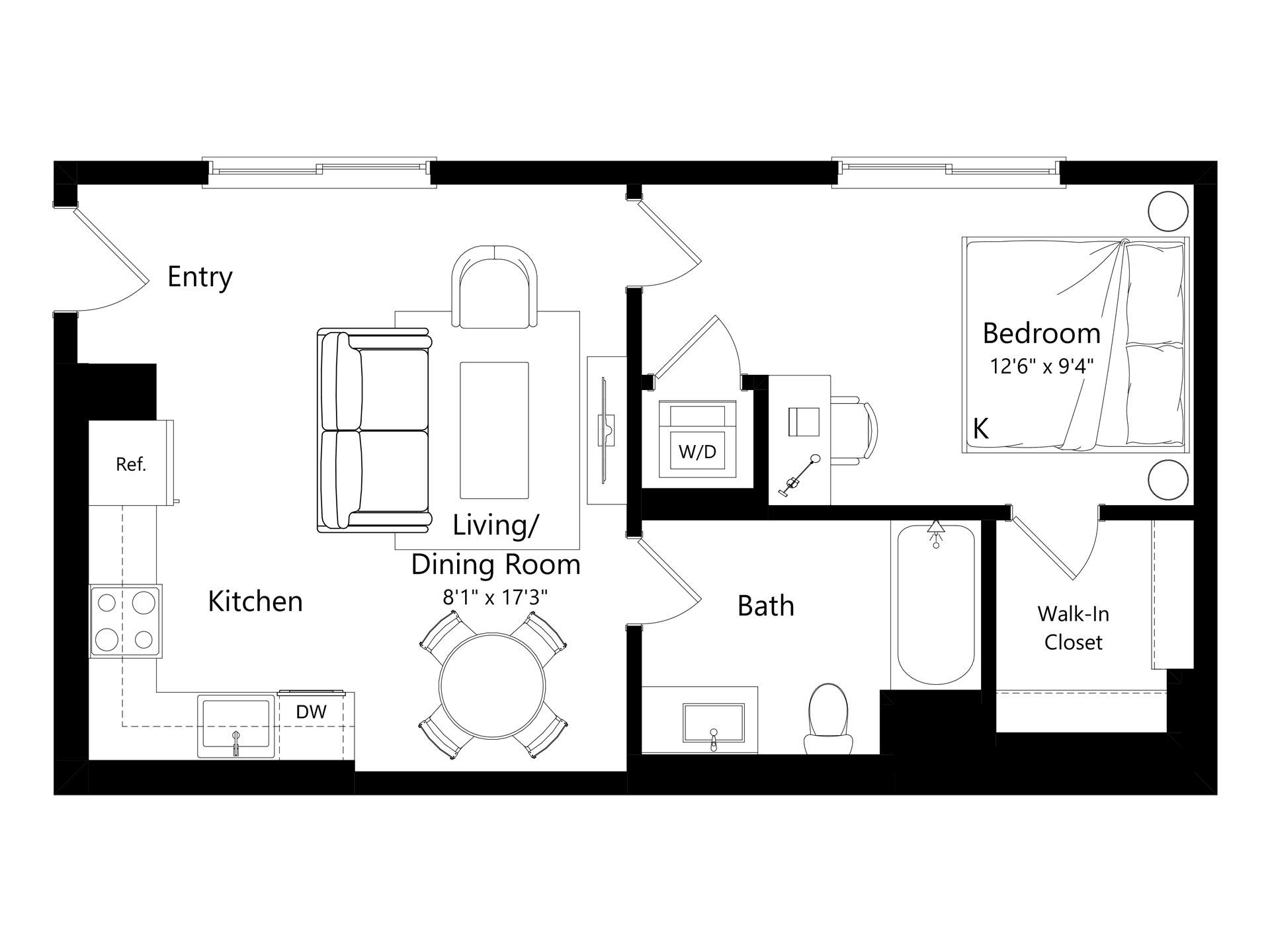 Floor plan layout diagram for L1J.1 - 1 Bed 1 Bath