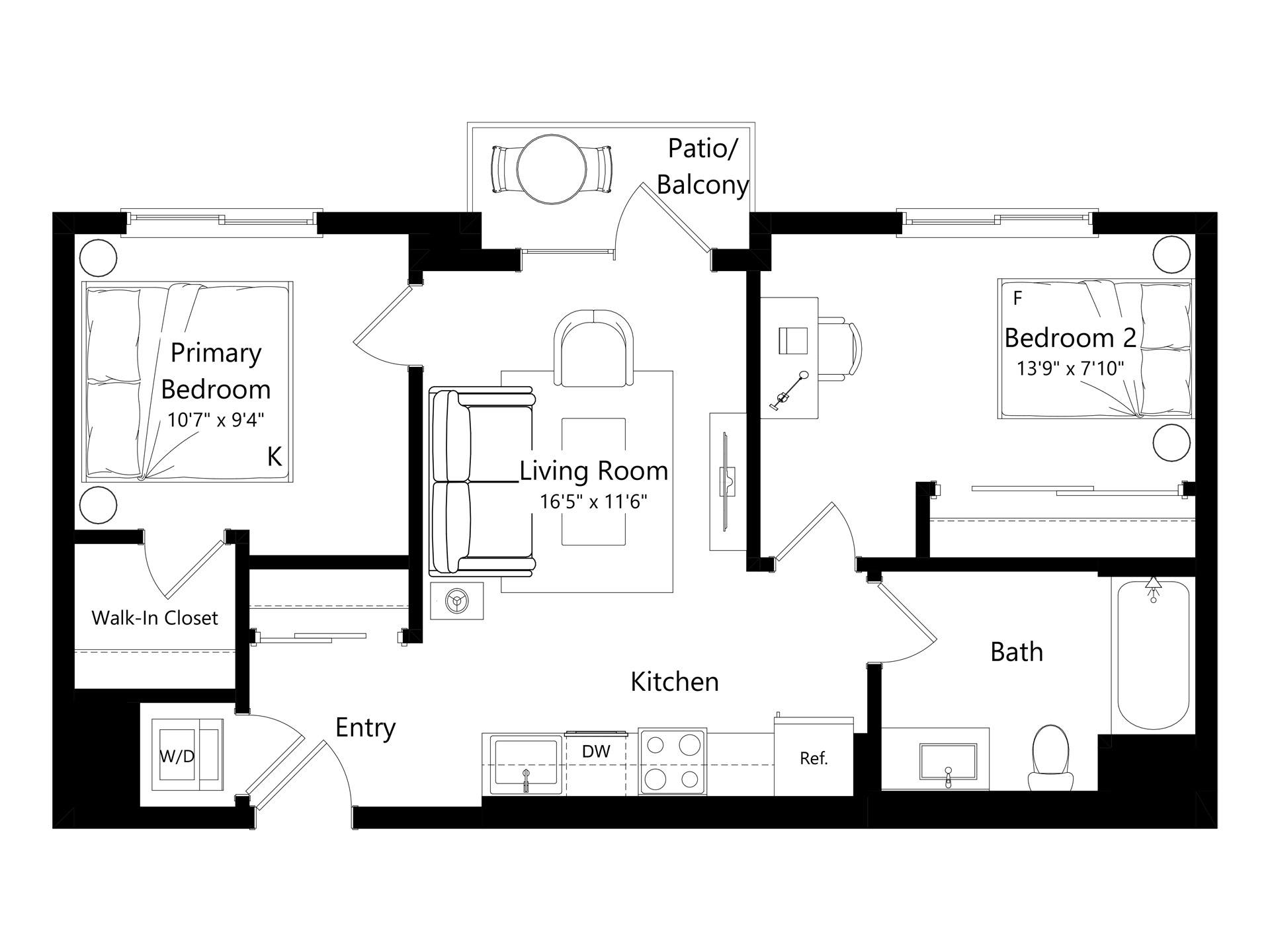 Floor plan layout diagram for L2A.1 - 2 Bed 1 Bath