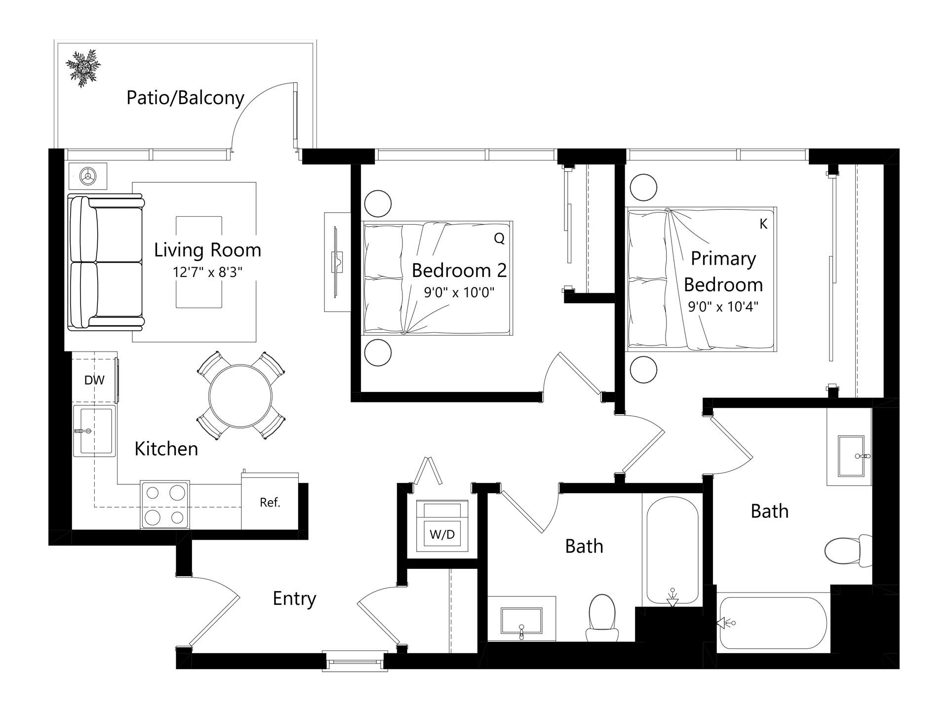 Floor plan layout diagram for L2C.1 - 2 Bed 2 Bath