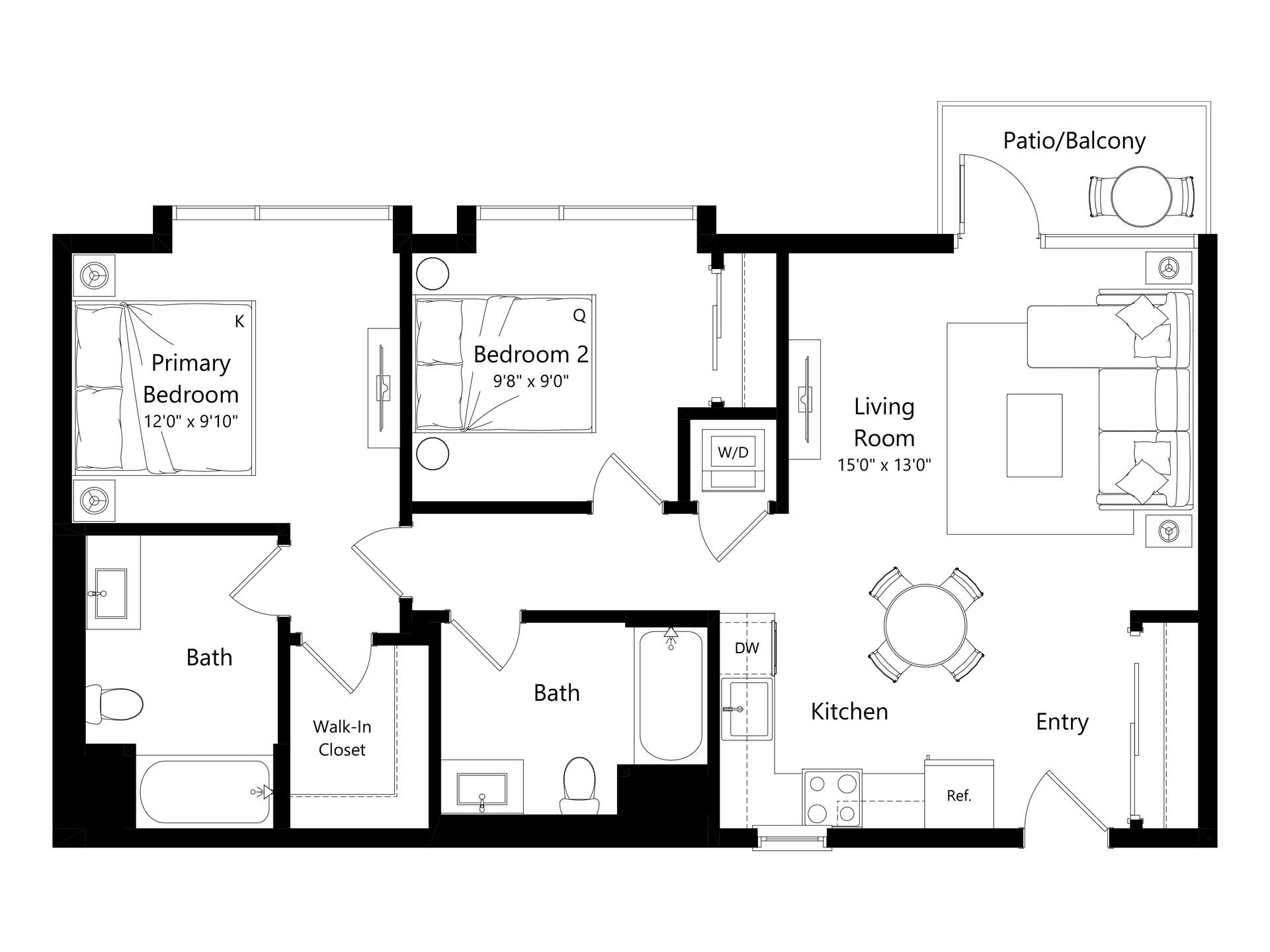 Floor plan layout diagram for L2D.4 - 2 Bed 2 Bath