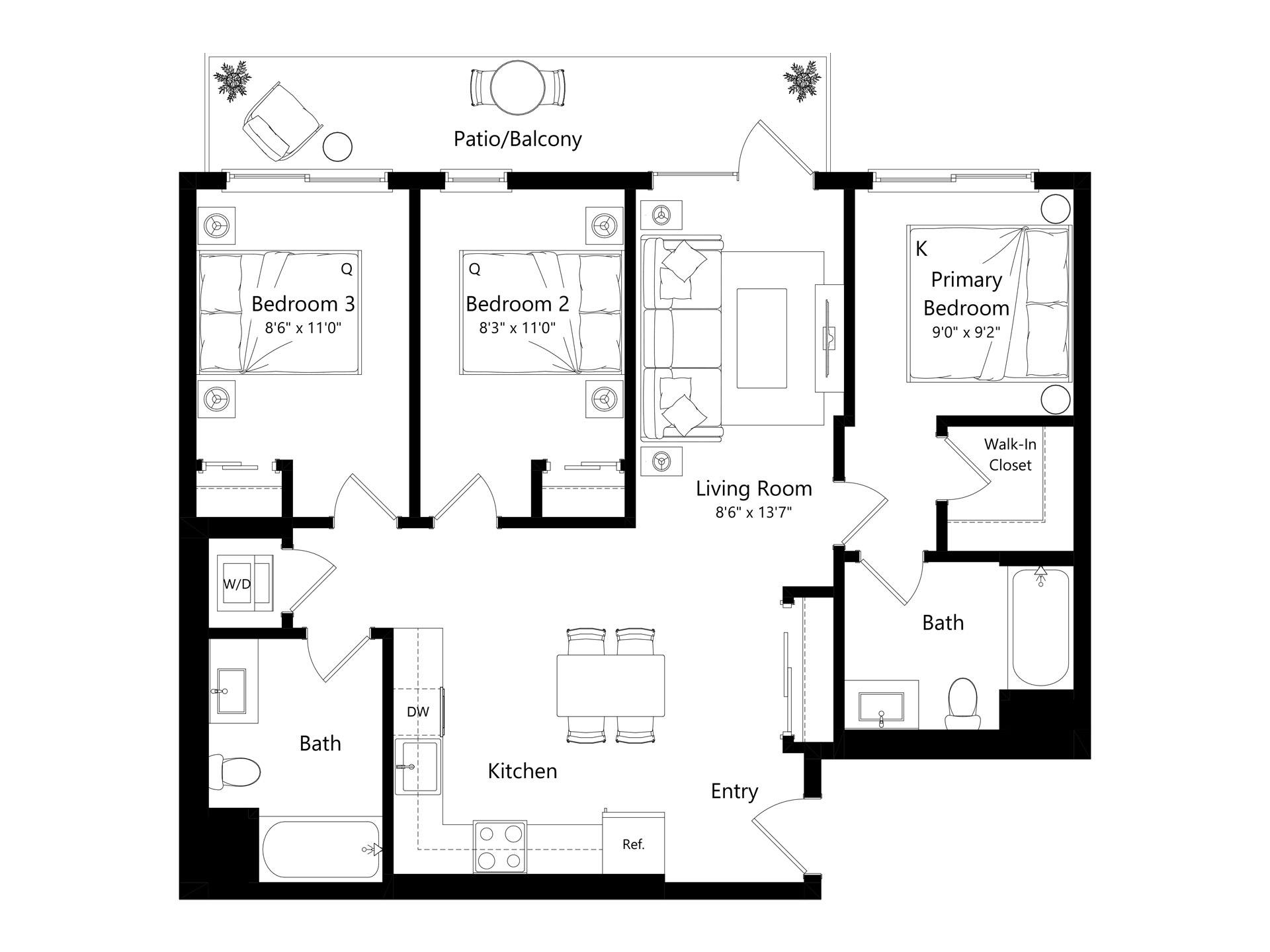 Floor plan layout diagram for L3A.6 - 3 Bed 2 Bath