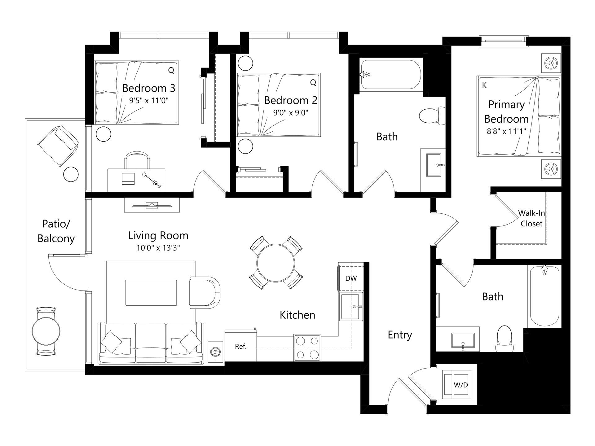 Floor plan layout diagram for L3C.1 - 3 Bed 2 Bath