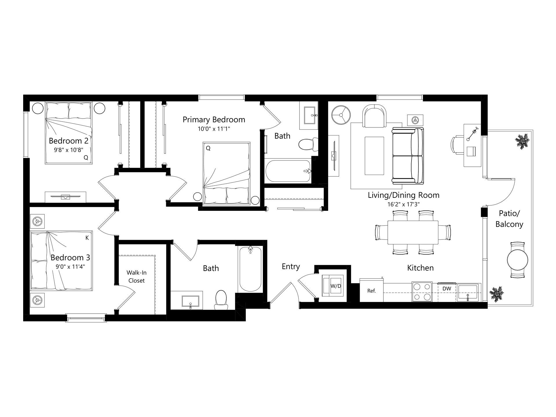 Floor plan layout diagram for L3D.1 - 3 Bed 2 Bath