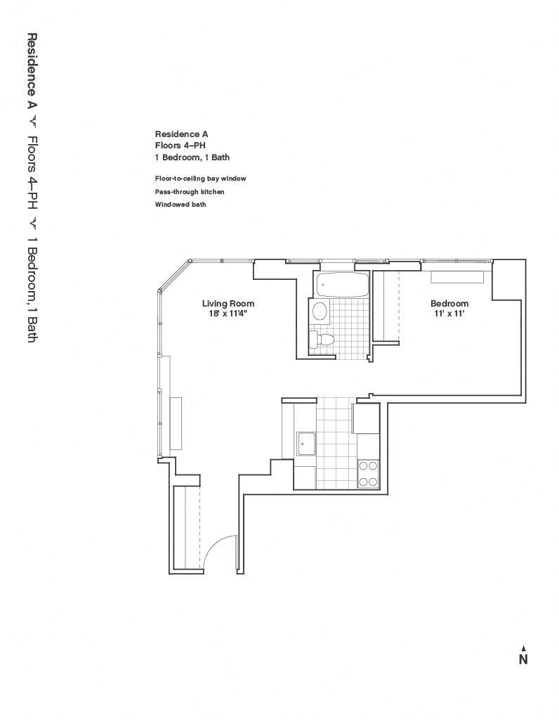 Floor plan layout diagram for R-C_1Bed_1Bath_flr-8-PH