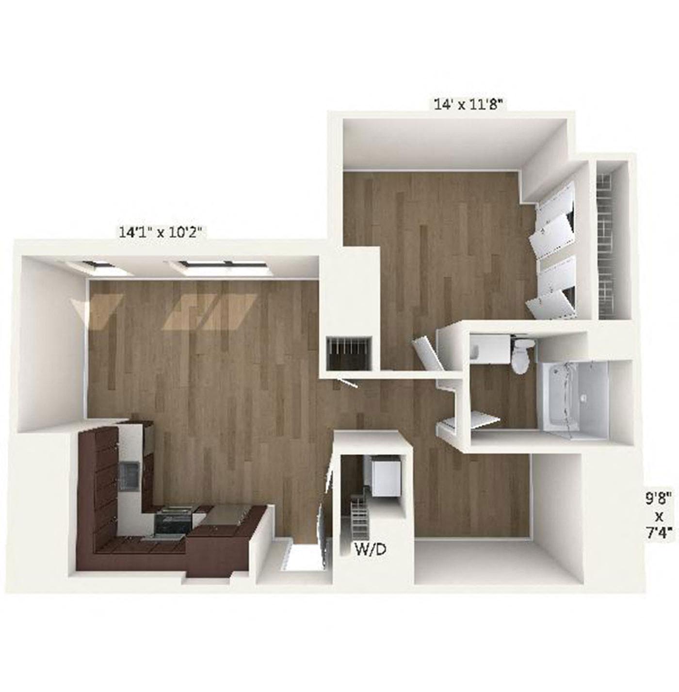 Floor plan layout diagram for A12 | 1 Bed | 1 Bath