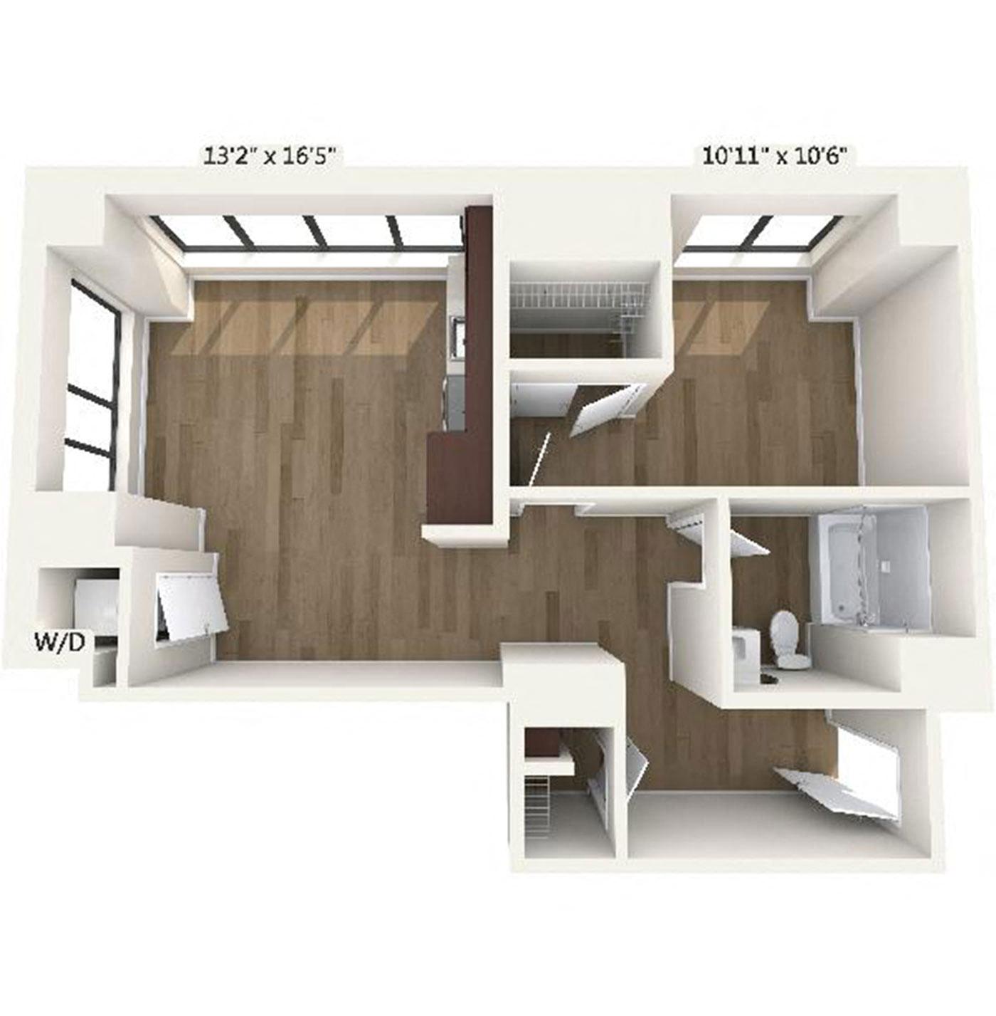 Floor plan layout diagram for A14 | 1 Bed | 1 Bath