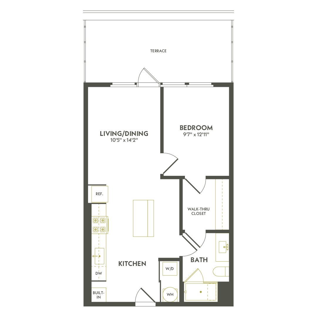 A floor plan of a small apartment with a living/dining area, kitchen, bathroom, and bedroom.