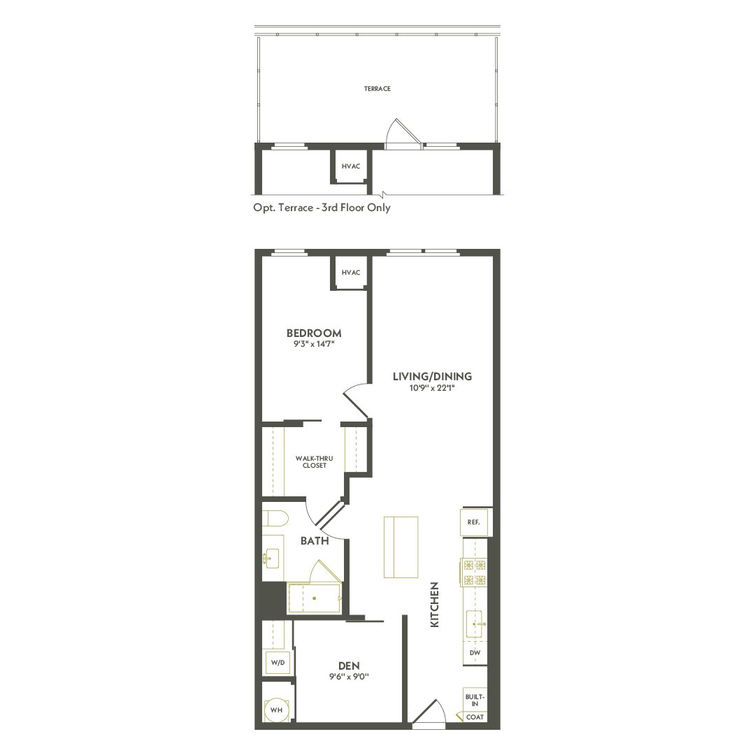 A floor plan of a house with a terrace and a bathroom.