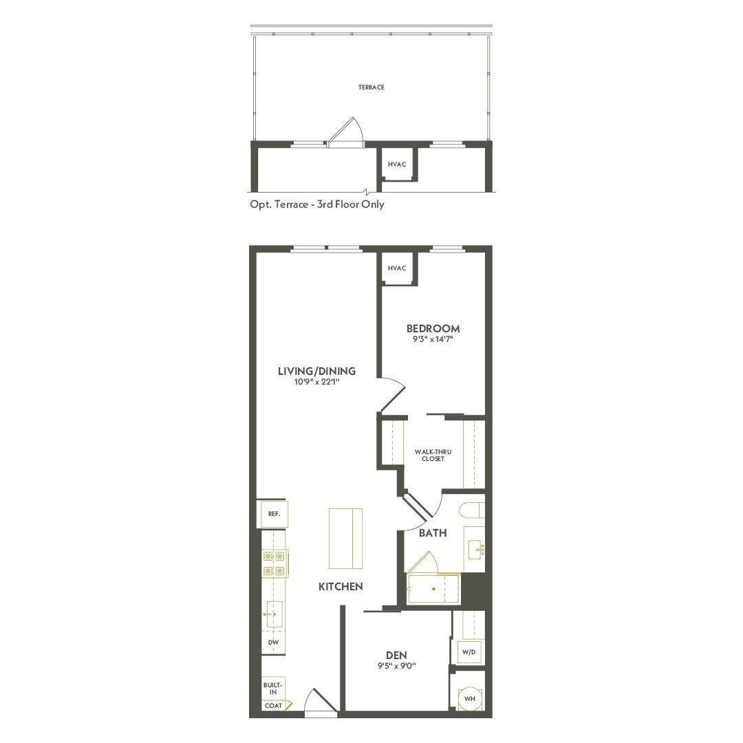 A floor plan of a 3rd floor apartment with a terrace.