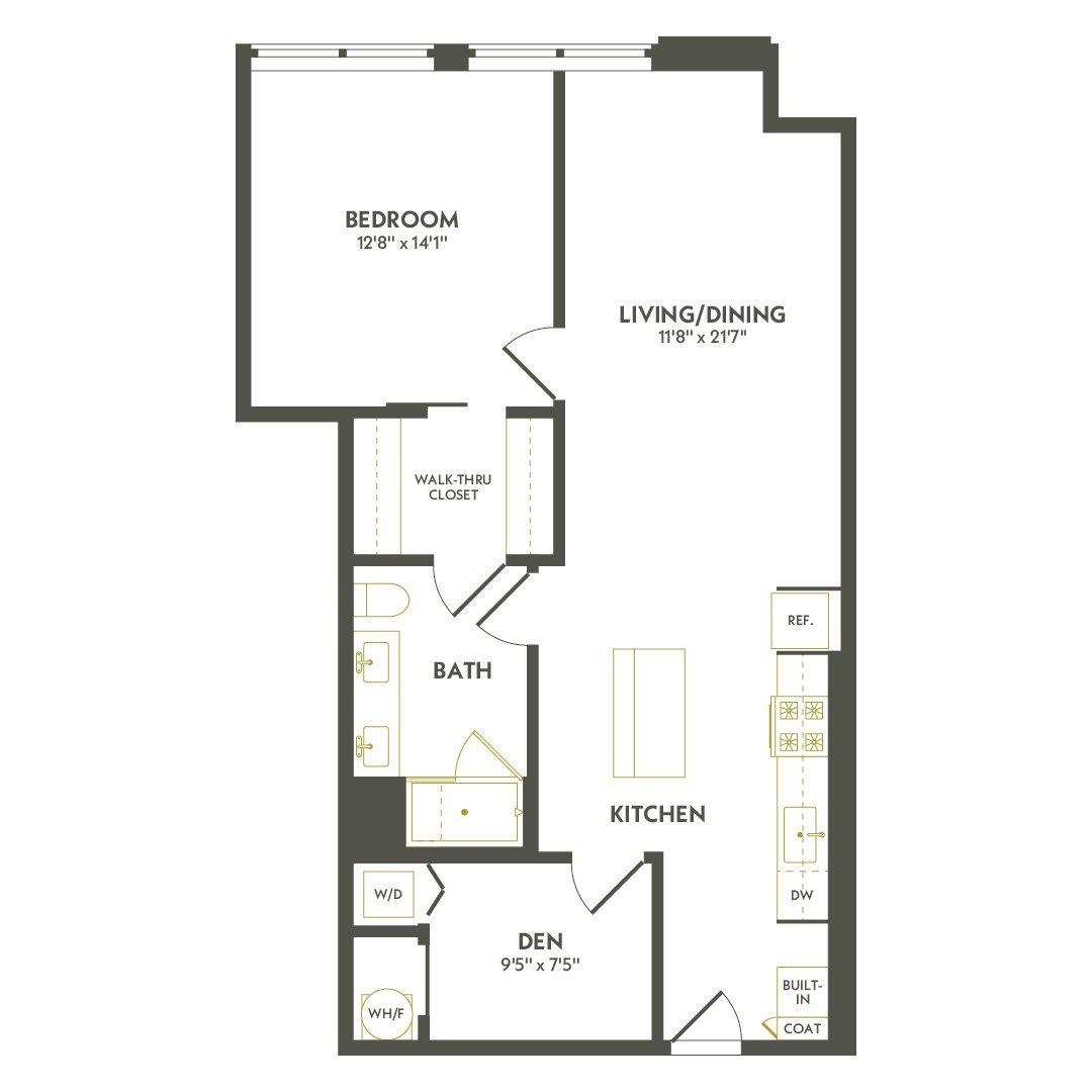 A floor plan of a home with a bedroom, living/dining area, kitchen, bath, and den.