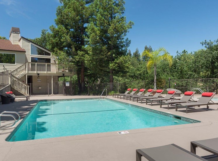 Apartments in Pleasant Hill CA - Sparking Swimming Pool Surrounded by Various Lounge Chairs