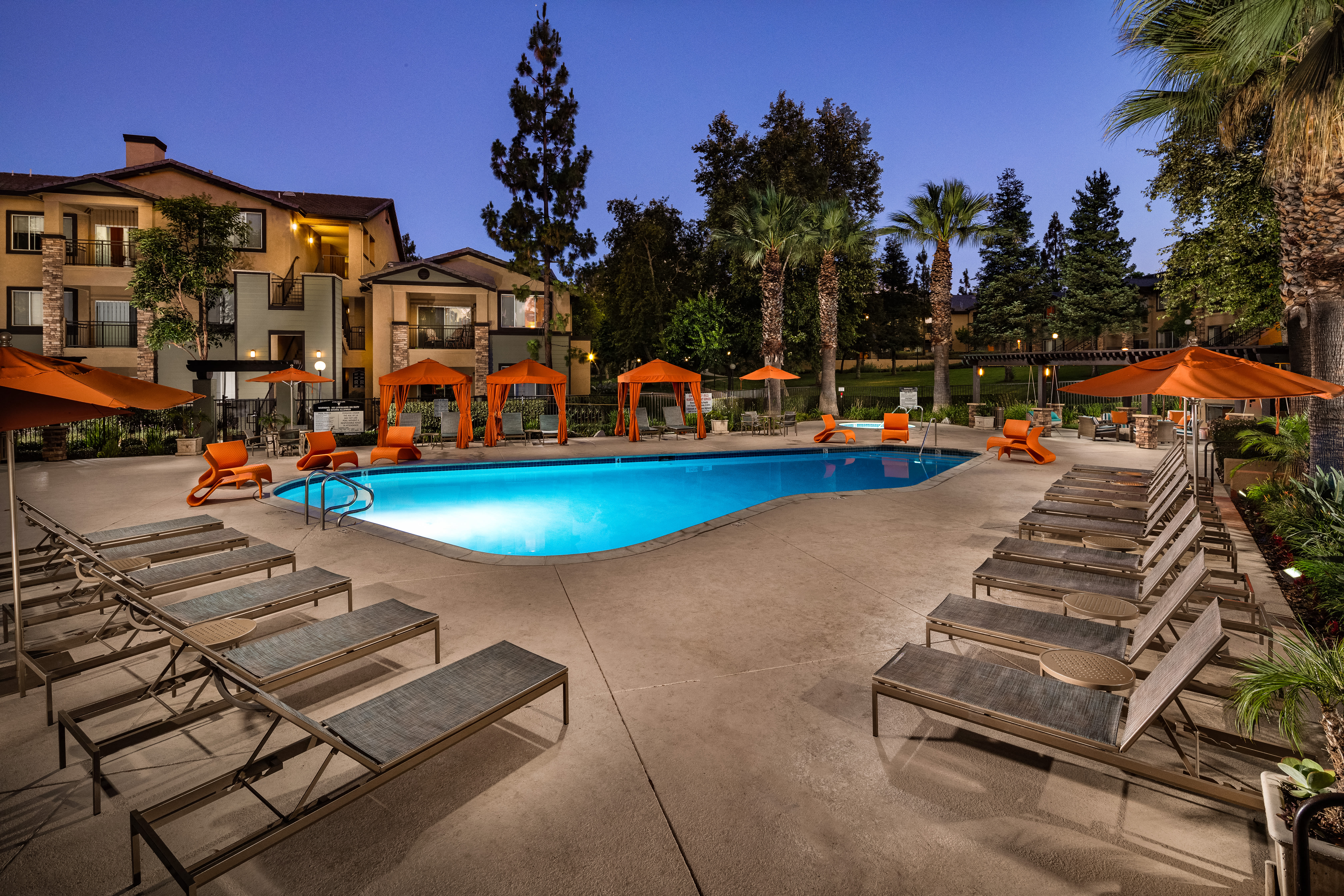 A pool surrounded by sun loungers and umbrellas.