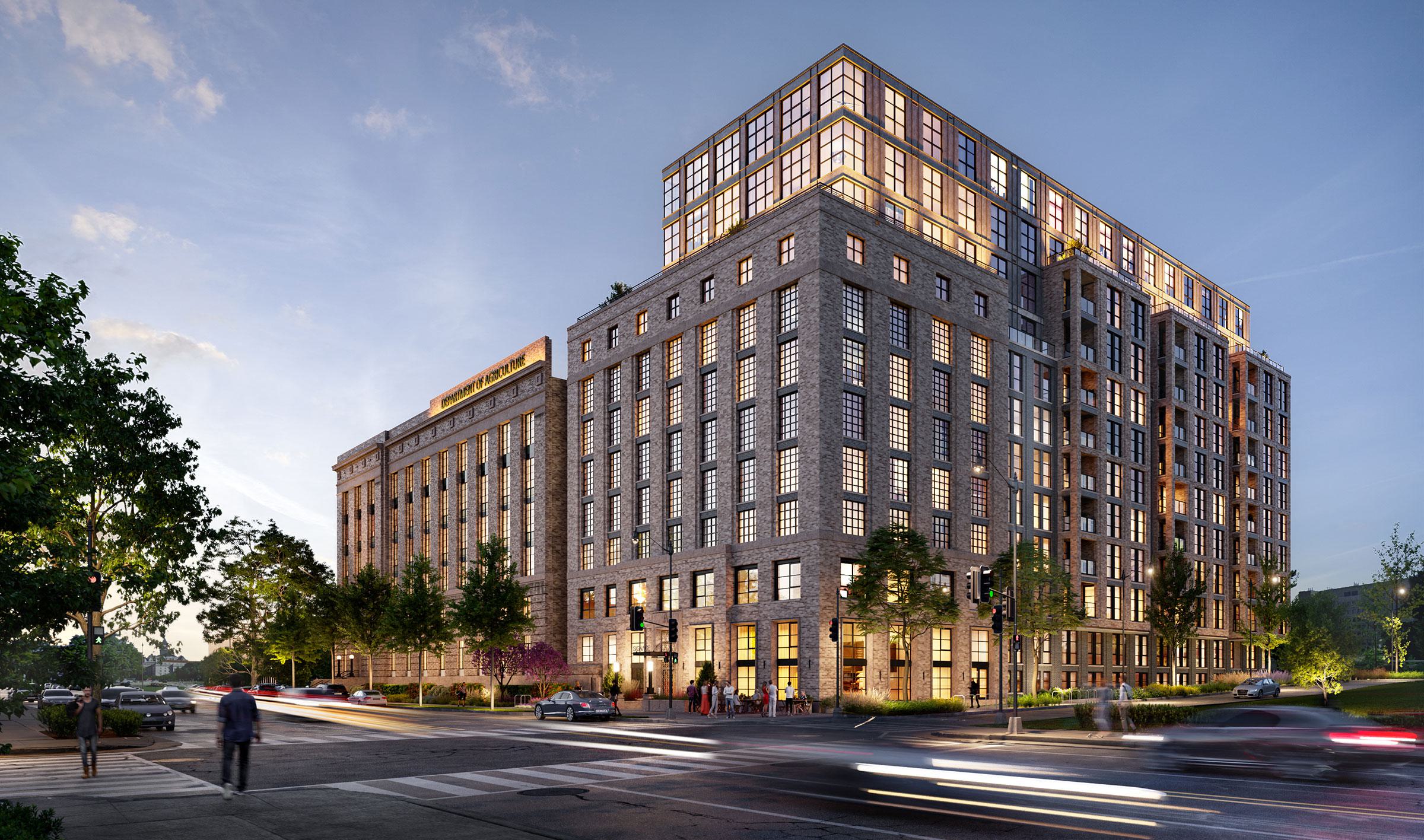 a rendering of a tall building on a city street