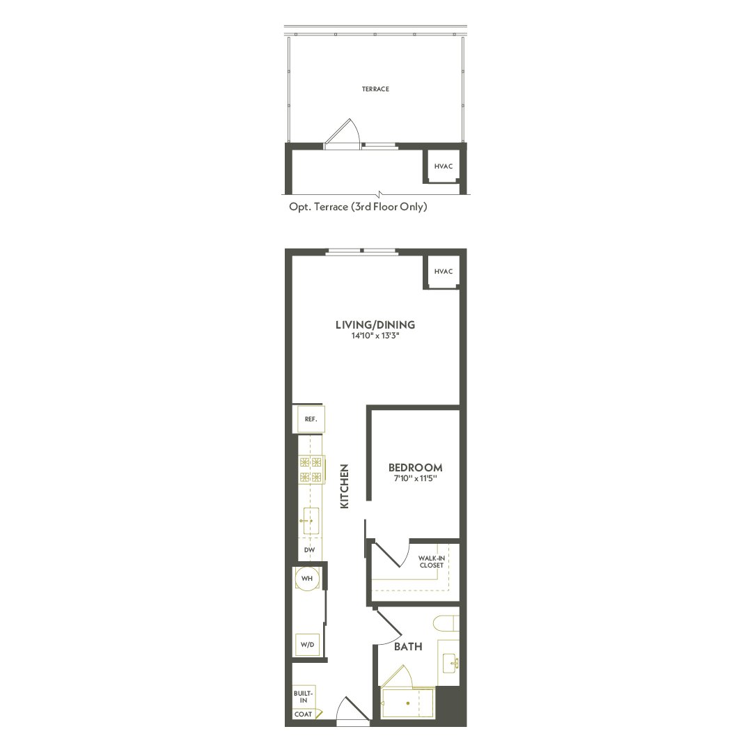 A floor plan of a home with a living room, dining room, kitchen, and bathroom.