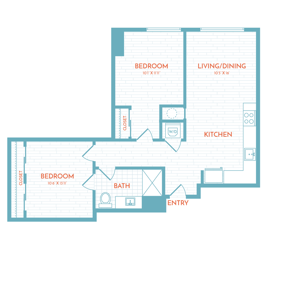 Floor plan layout diagram for D1 | 1 Bed | 1 Bath | Den