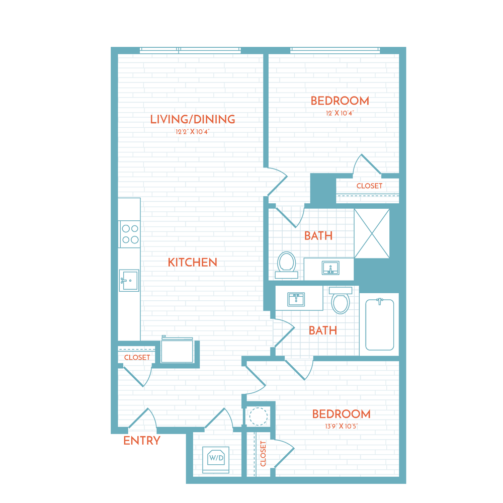 Floor plan layout diagram for E7 | 2 Bed | 2 Bath