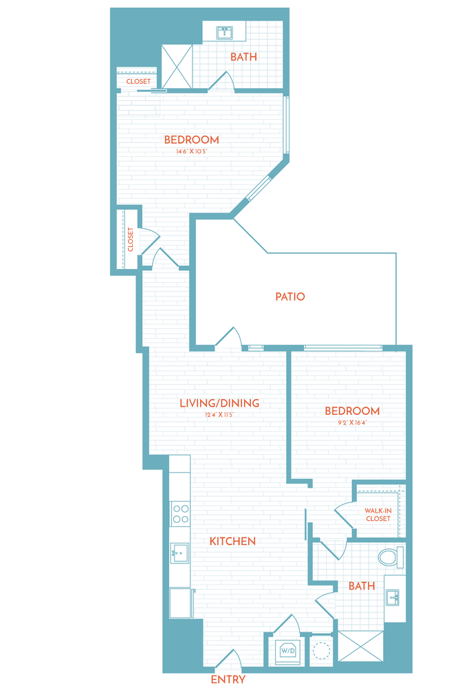 Floor plan layout diagram for F10 | 2 Bed | 2 Bath