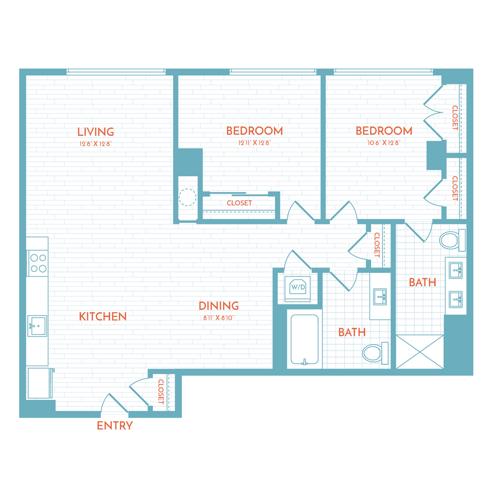 Floor plan layout diagram for F1 | 2 Bed | 2 Bath