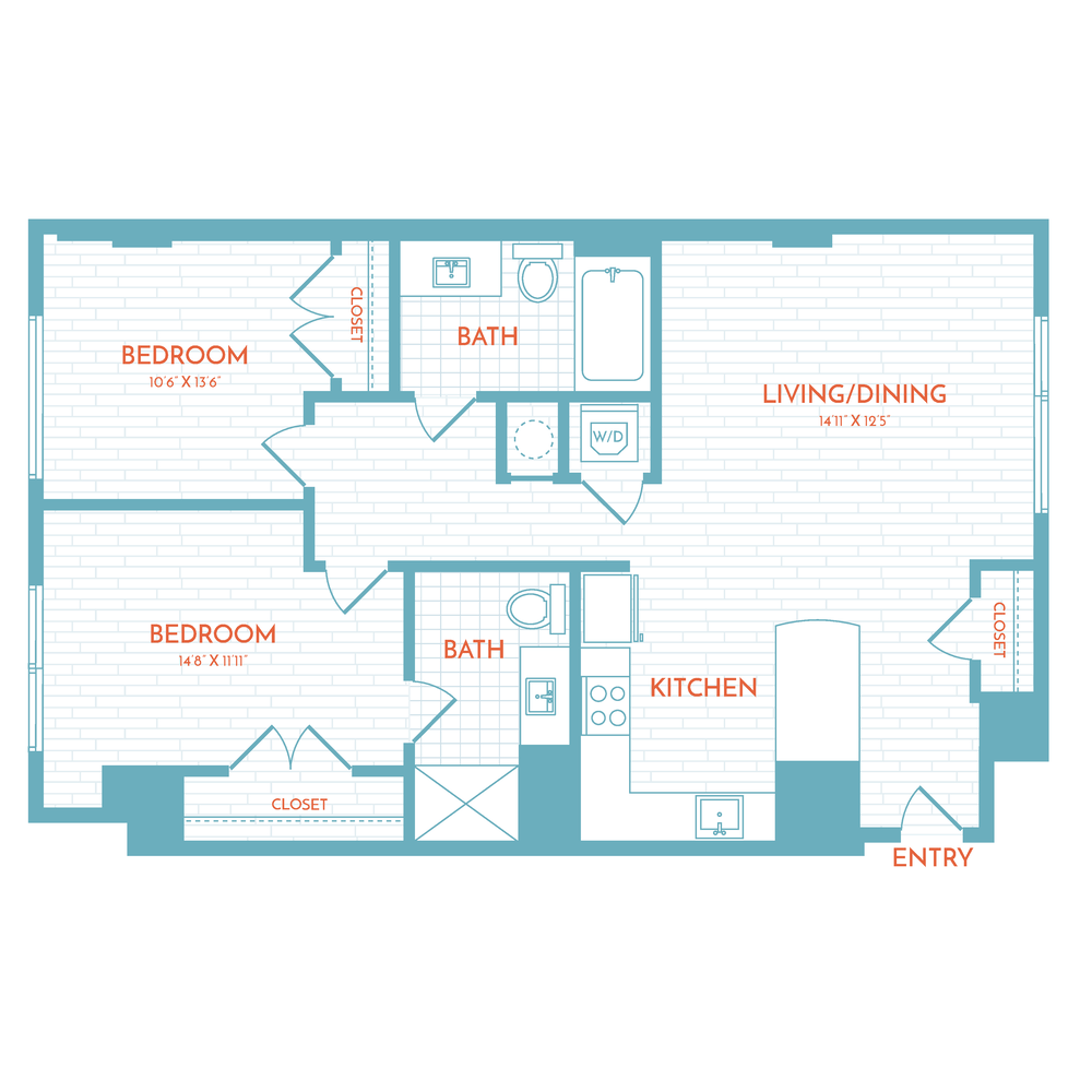 Floor plan layout diagram for F2 | 2 Bed | 2 Bath